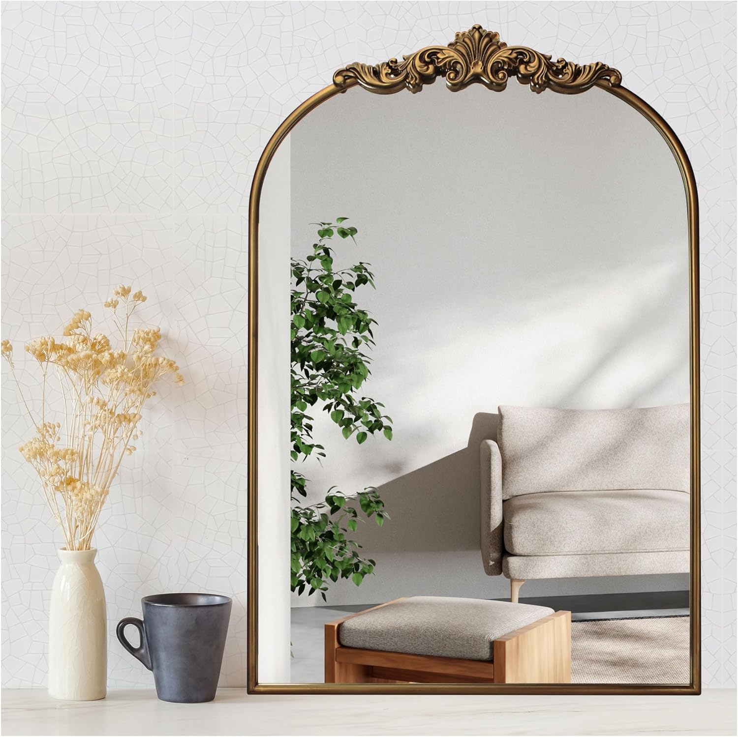 Ornate Baroque Vintage Gold Mirror - 24"X36" Arched Antique Brass Mirror with Full Metal Frame - Perfect for Entryway, Fireplace, Living Room, Hallway, or Bathroom Décor 36"L x 24"W Vintage Mirror