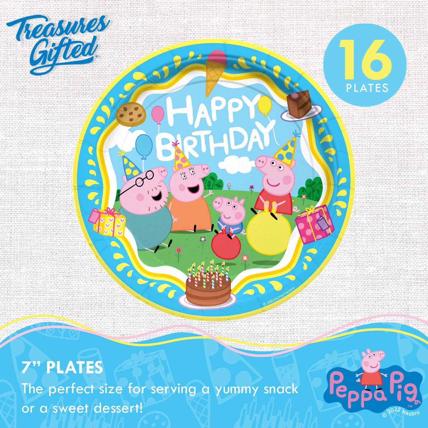Treasures Gifted Officially Licensed Peppa Pig Birthday Party Supplies - Serves 16 Guests - Dinnerware Deluxe Set and Peppa Pig Backdrop