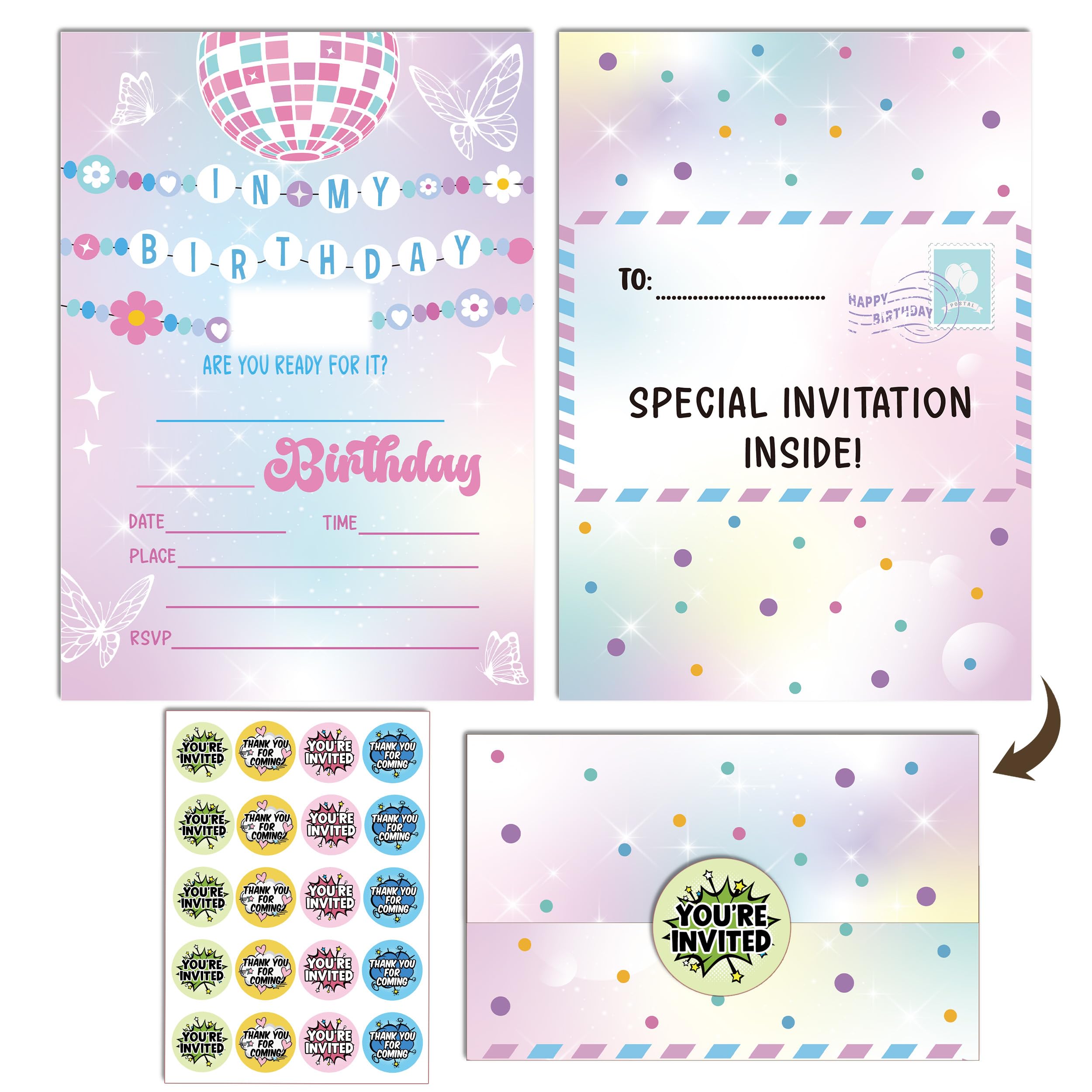 RPLCSPC In My Birthday Invitation, Friendship Bracelet Invitation, Teen Birthday Girl Music Party Invite with Stickers, Fill In Style Invite Cards For