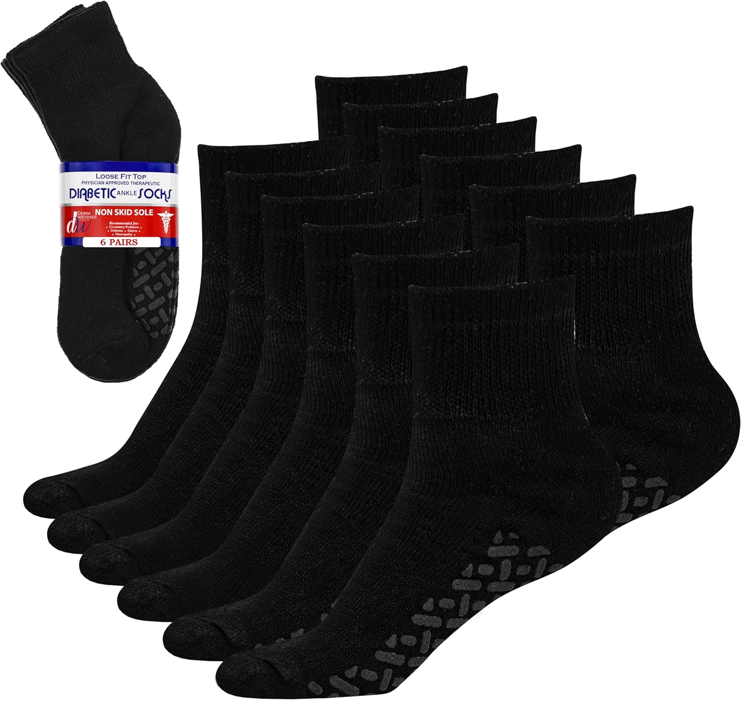 Debra Weitzner 6Pk Non-Binding Loose Fit Sock - Non-Slip Diabetic Socks for Men and Women - Crew, Ankle