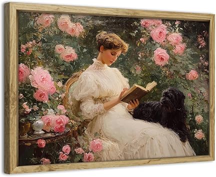 Vintage Framed Wall Art Woman Reading Book Portraits Canvas Prints Farmhouse Rose Floral Garden Paintings Retro Victorian Wall Pictures Cottagecore Artwork Bedroom Living Room Home Decoration 30x40cm