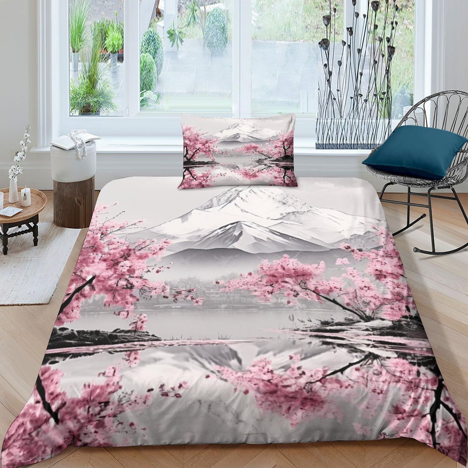 OPANZYYDE Japanese Cherry Duvet Cover Sets 3 PCS Hotel Quality Quilt Cover Bed Sets Bed Covers with Pillowcases with Zipper Closure Ultra Soft Hypoallergenic Microfiber Single（135x200cm）