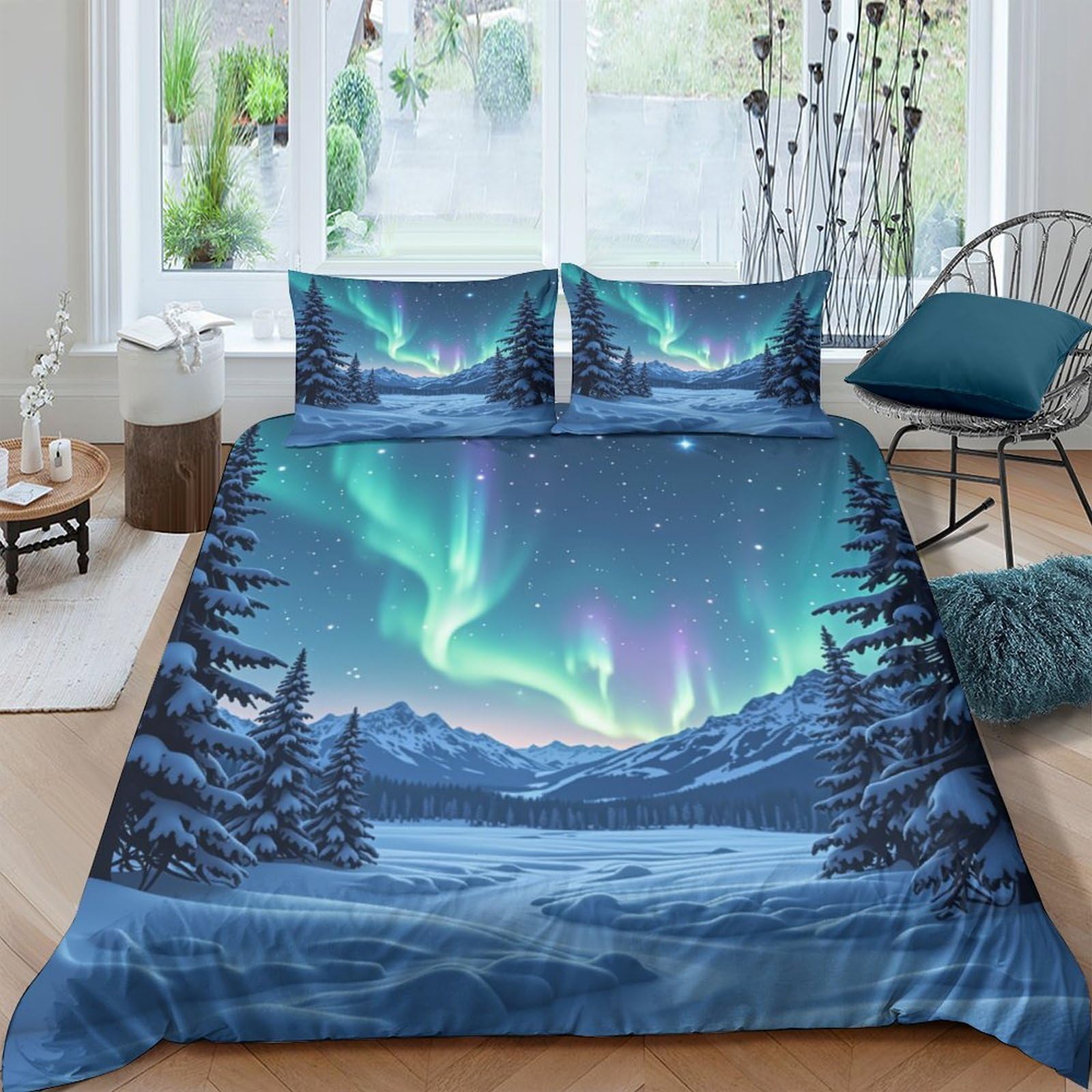 Ctjqhvkz Style-1 3D Printed Northern Lights Fitted Sheet Microfiber Soft Scenic Winter Forest Mattress Cover Bedroom Decor Single（135X200cm）