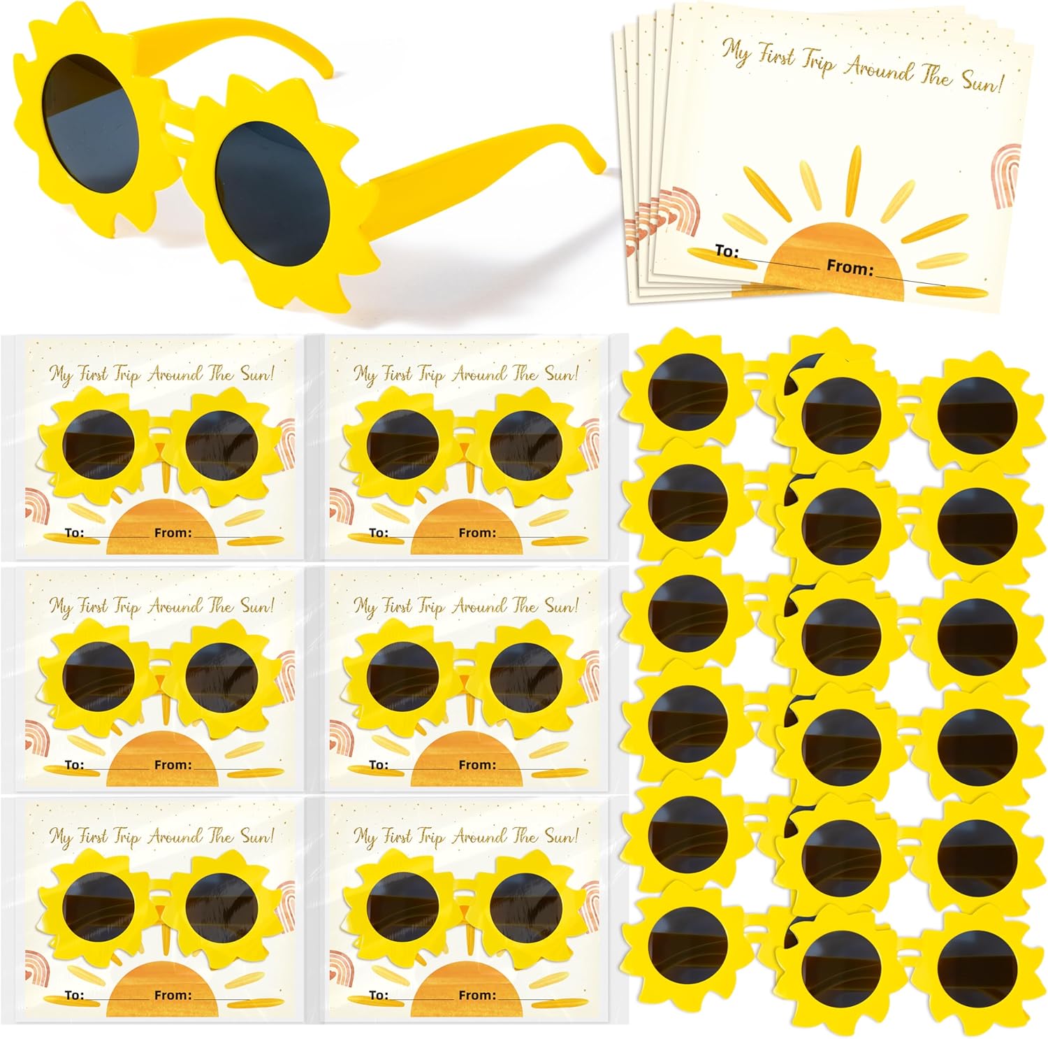K1tpde 12 Pack Sun Shape Sunglasses with Gift Cards for Baby First Birthday Party, First Trip Around The Sun Greeting Card with Sunglasses Decoration for Girl 1st Birthday Baby Shower Party Favor Gift
