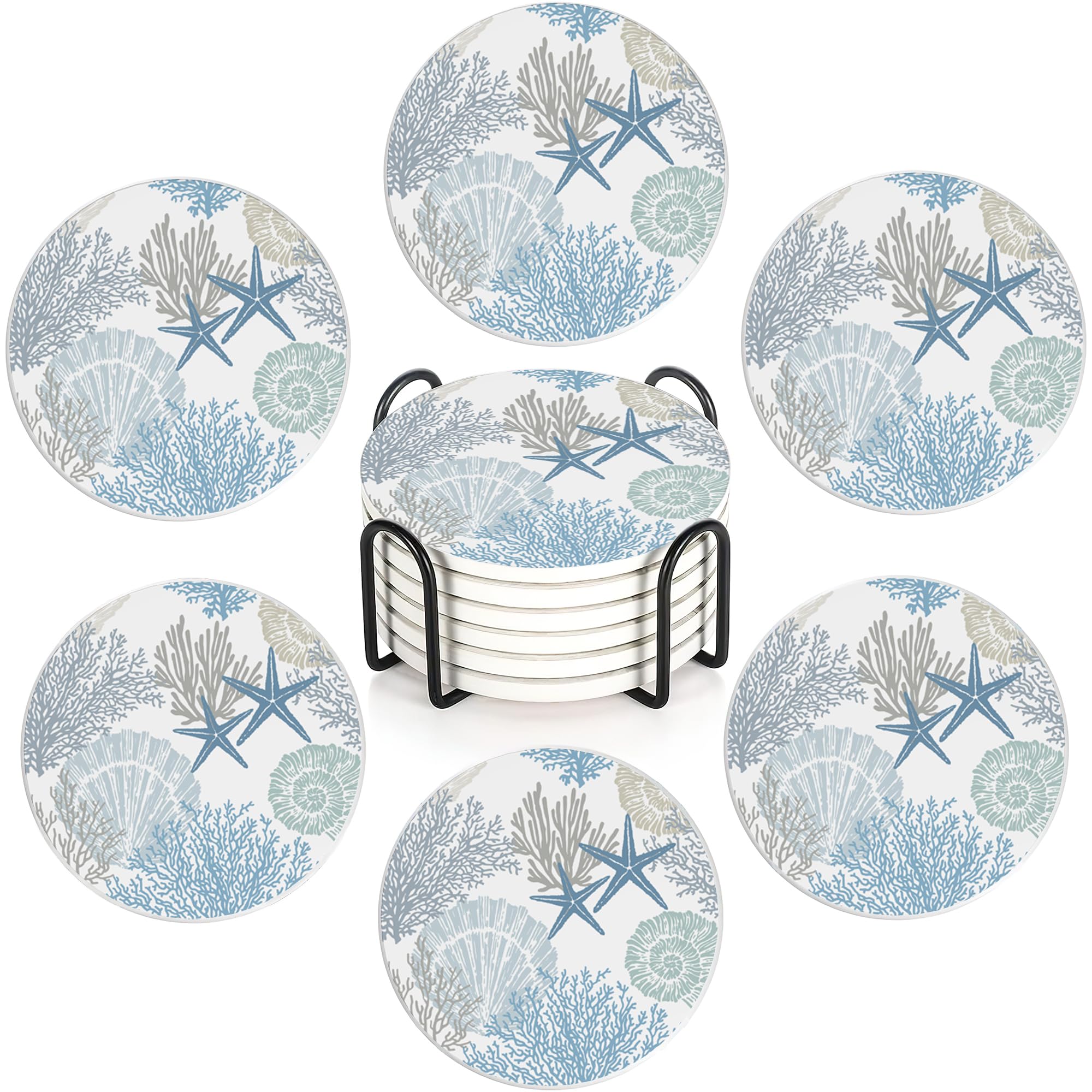 Summer Seashell Starfish Coasters Set of 6,Absorbent Ceramic Coasters with Cork Base,Round Coaster Mats for Cold Drinks & Mugs, Rustic Home Decor + Holder