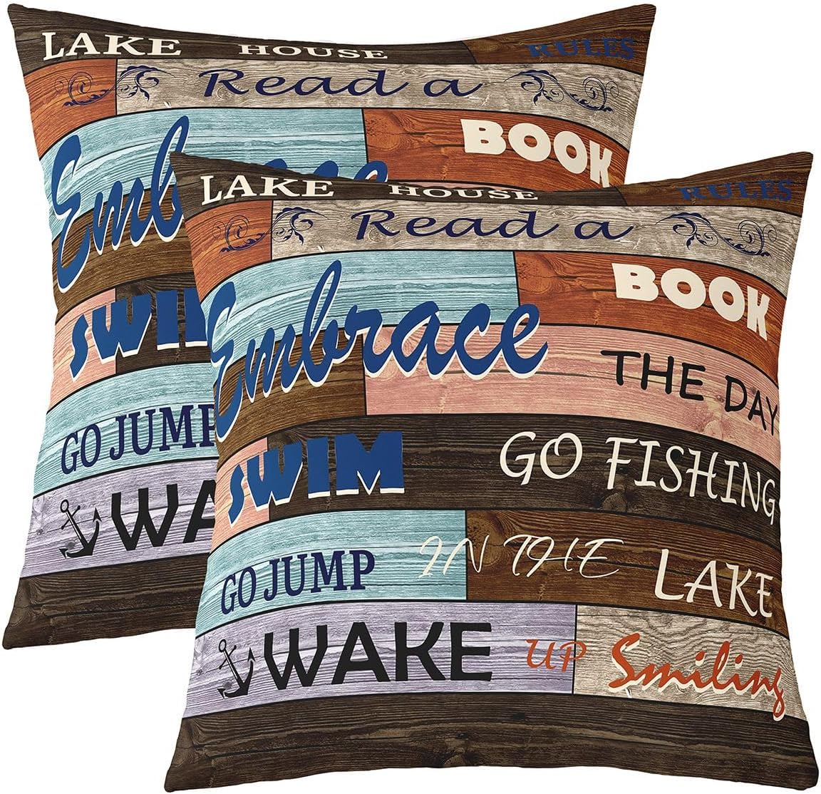 Lake Rules Throw Pillow Covers 24x24 Inch Set of 2, Vintage Wooden Style Pillow Covers, Lake House Decorative Square Pillow Cases for Lake Lover, Retro Rustic Farmhouse Cushion Cases Bedroom Decor