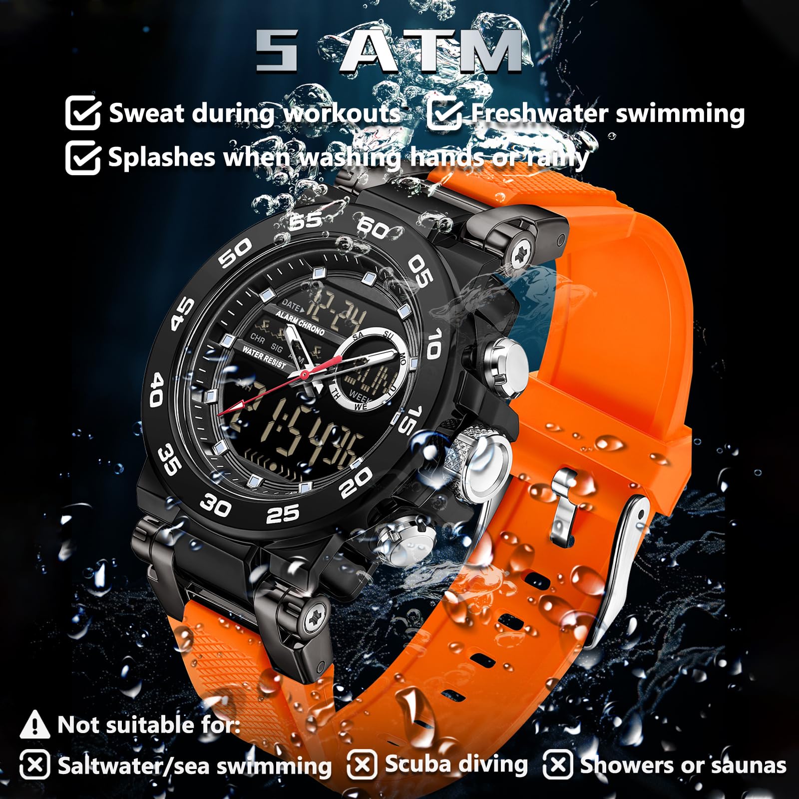 findtime Reloj digital táctico militar para hombre, resistente al agua, 5 ATM, reloj analógico con retroiluminación LED de 12/24 horas, alarma, cronómetro, timbre cada hora