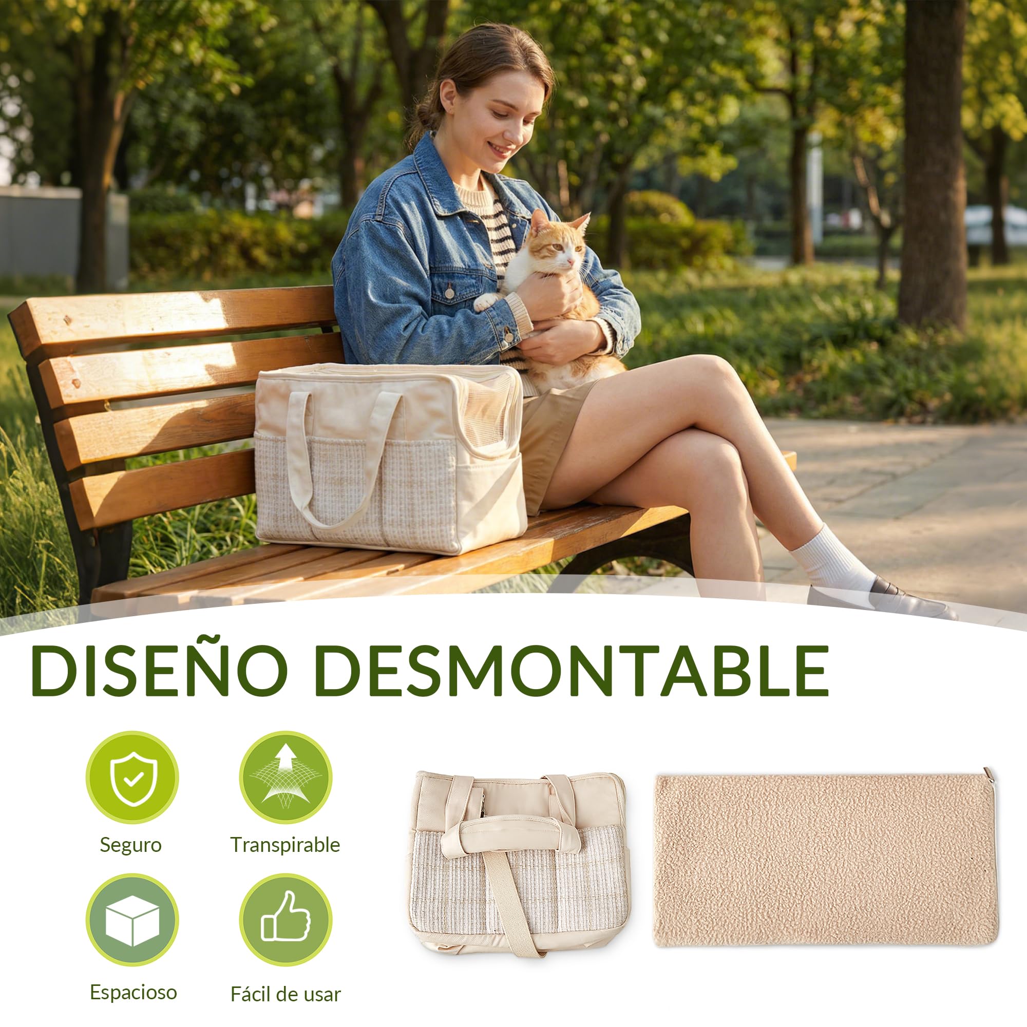 ALLSOPETS Transportín para Perro Pequeño y Gato, Bolso para Mascotas Plegable con Bolsillos, Correa de Seguridad y Cojín Extraíble, Ideal para Viajar Camping Paseo (Beige Elegante)