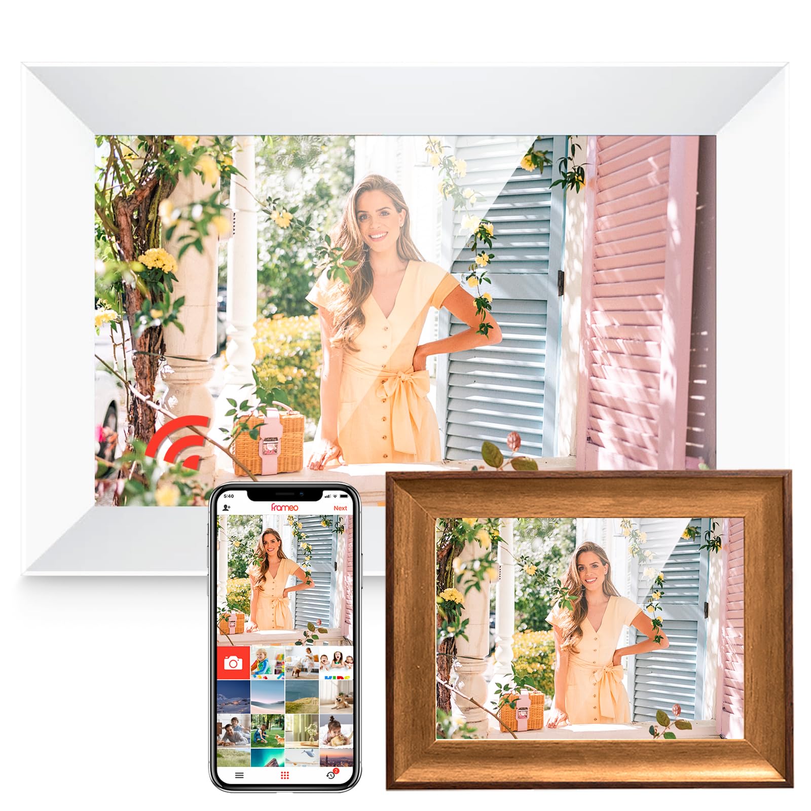 10,1 Zoll WiFi Digitaler Bilderrahmen, 1280x800 HD IPS Touchscreen Foto Rahmen, 32GB Speicher, Automatische Rotation, Wandmontagefähig (White, Frameo 10)