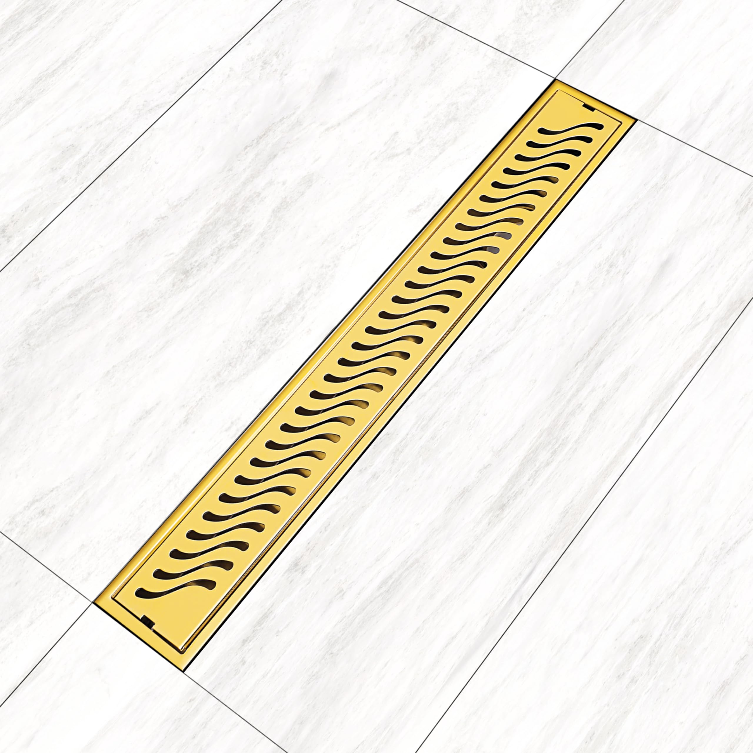 SANJAY CHILLY Wave Shower Channel Drain Cover Stainless Steel 304 Grade Floor Drainer Strainer with Cockroach Trap & Collar Colour Collection (Side Hole - Pure Gold - 24x4 INCH)