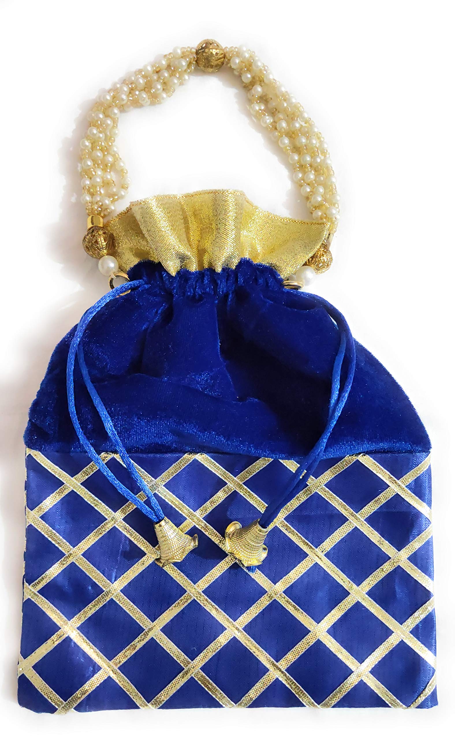 Indian Collectible - Juego de 6 bolsas de tela de seda y terciopelo para mujer, con asa de perla, para bodas, compromisos y festivales, Multi