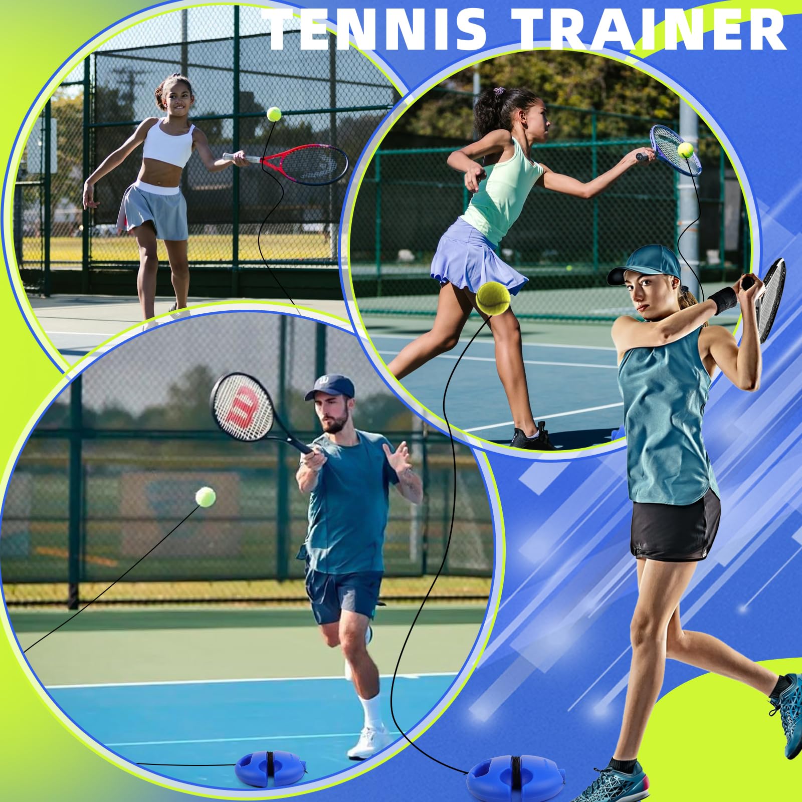 ELNLE Allenamento Tennis Trainer Elastico, Gioco Tennis con Pallina Legata con la Corda, Allenatore Tennis da Solo con 2 Sfere di Ricambio con Corda, per Allenamento Tennis da Solo