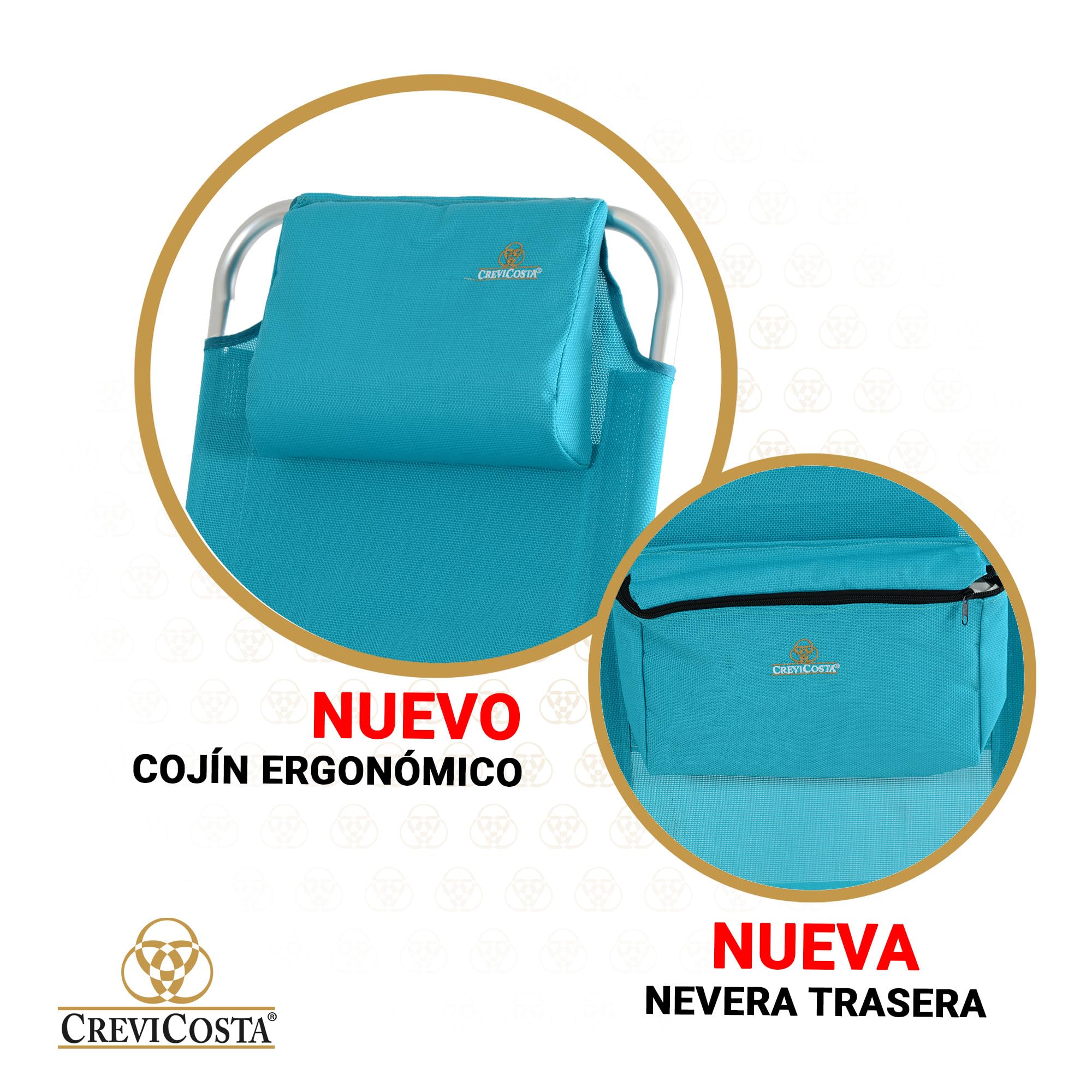 CREVICOSTA QUALITY MARK MARCAS DE CALIDAD - Palmera 2081-3 - Silla de Playa Plegable con reposabrazos, y 8 Posiciones. con Nuevo cojín ergonómico y Nueva Nevera incorporada. Textilene (Turquesa)