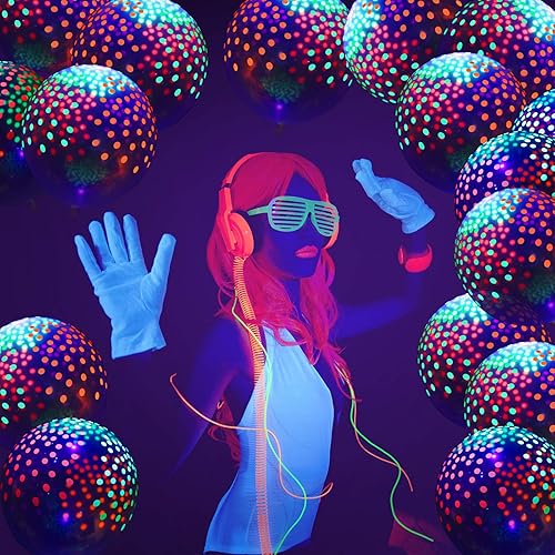 Miniatura 2 de Sumind 50 globos de neón que brillan en la oscuridad, globos fluorescentes reactivos de lunares, globos de fiesta de luz negra, globos de látex neón