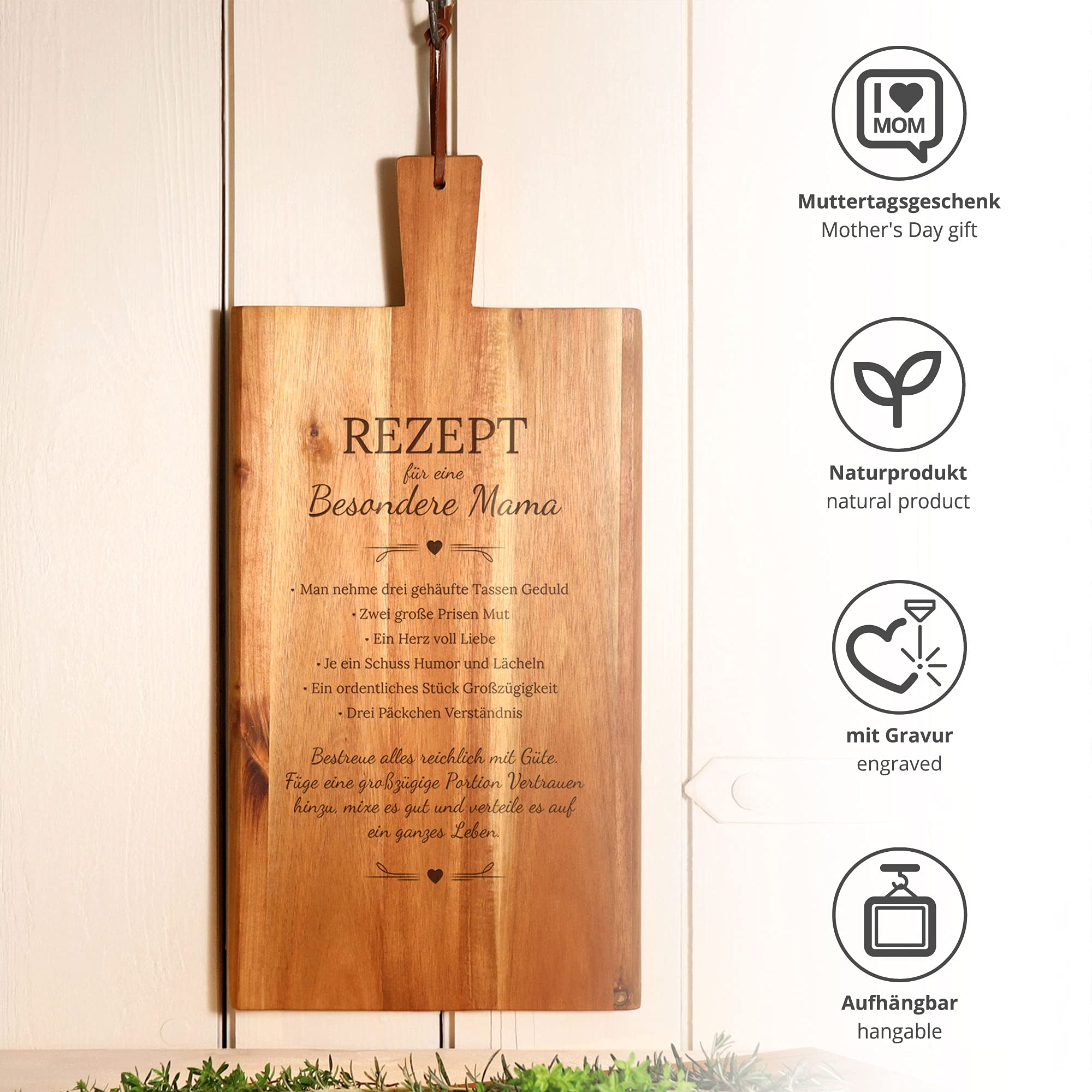 Casa Vivente Großes Schneidebrett mit Griff und Lederband, Gravur Rezept Mama, Geschenkidee zum Muttertag