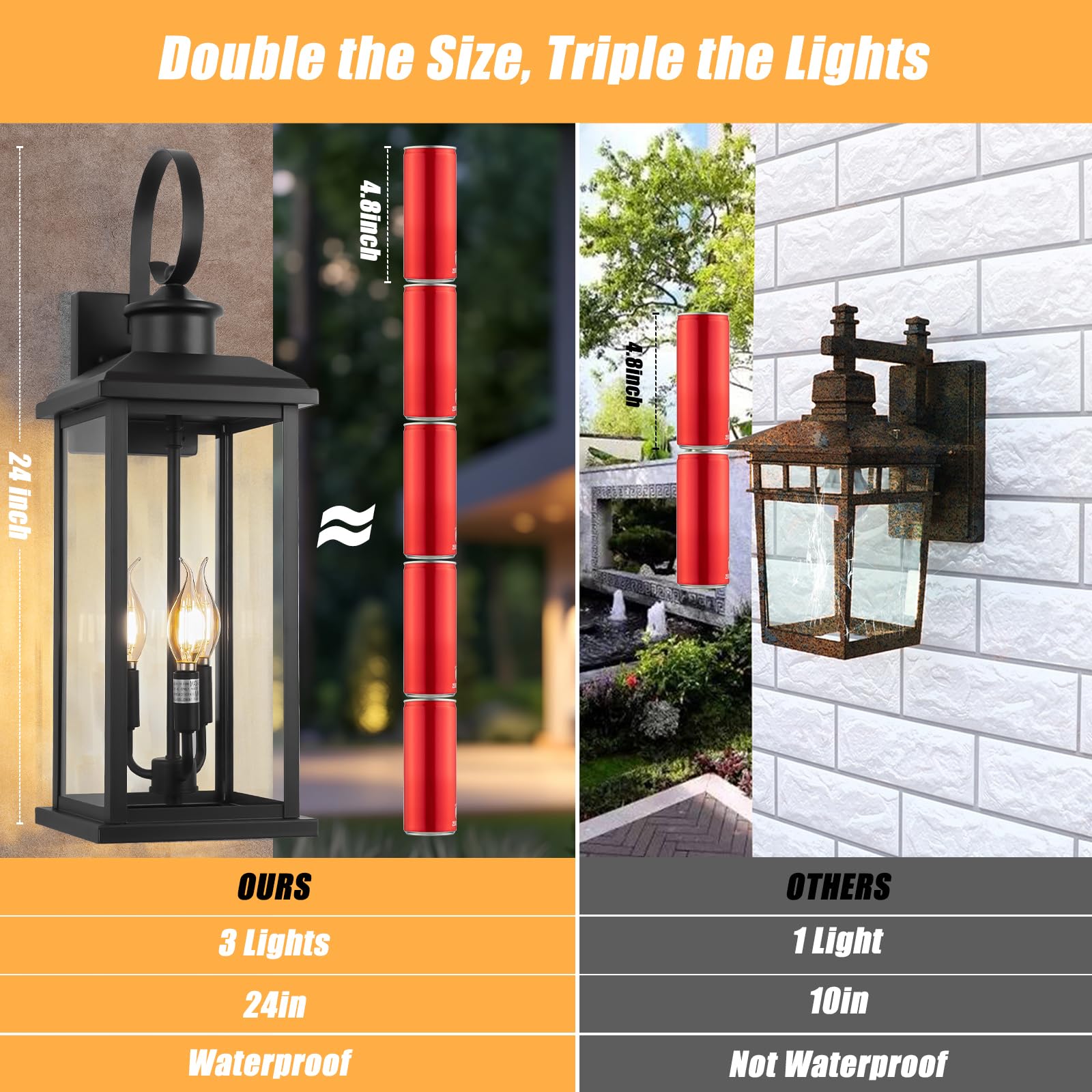 24 Extra Large Outdoor Wall Light Fixture 2-Pack Black 3-Light Modern Porch Lantern Waterproof Exterior Lighting Sconce Wall — view 4