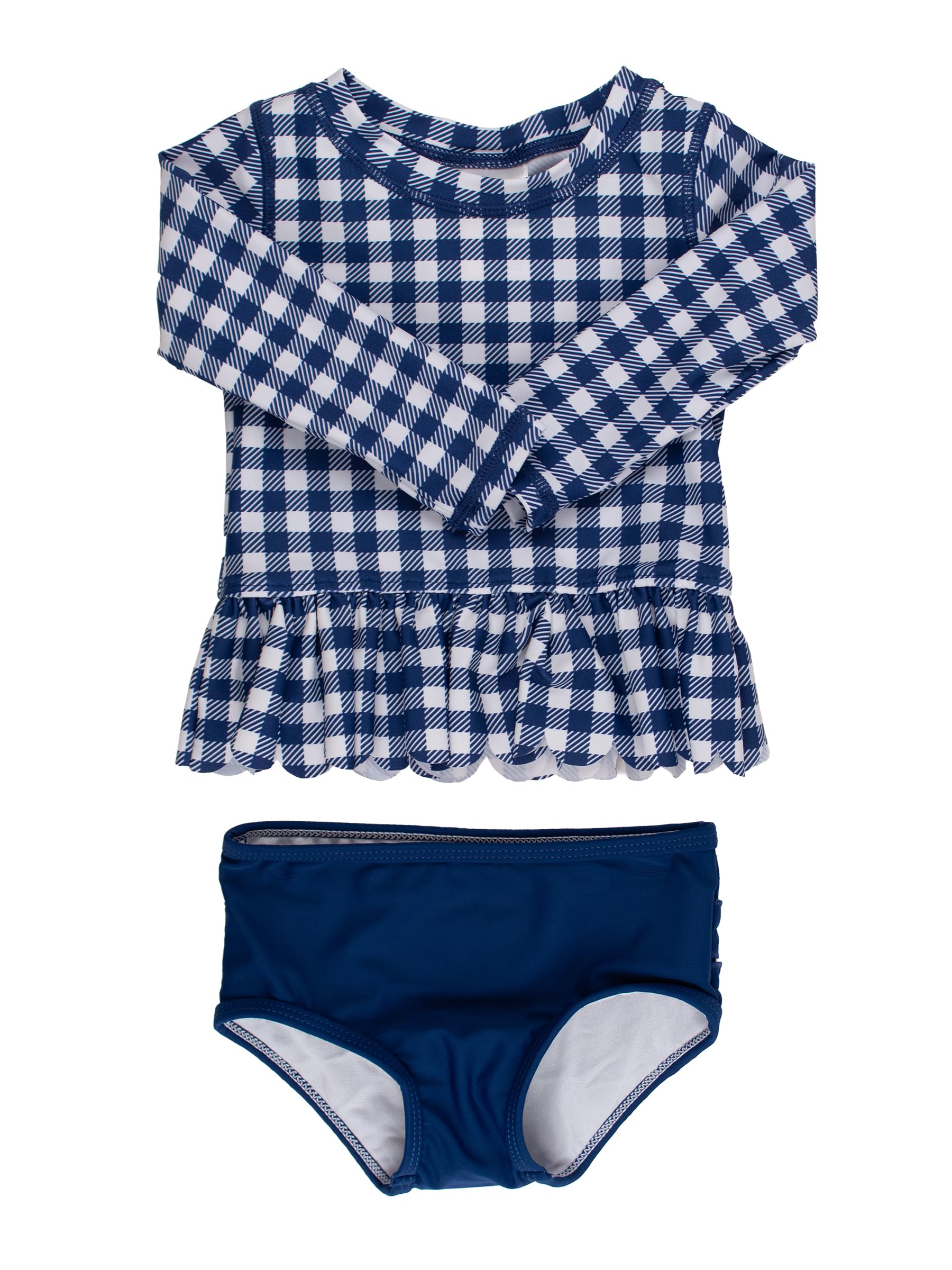 RuffleButts Girls Scalloped Long Sleeve - 2-Piece Rash Guard Swim UPF 50+