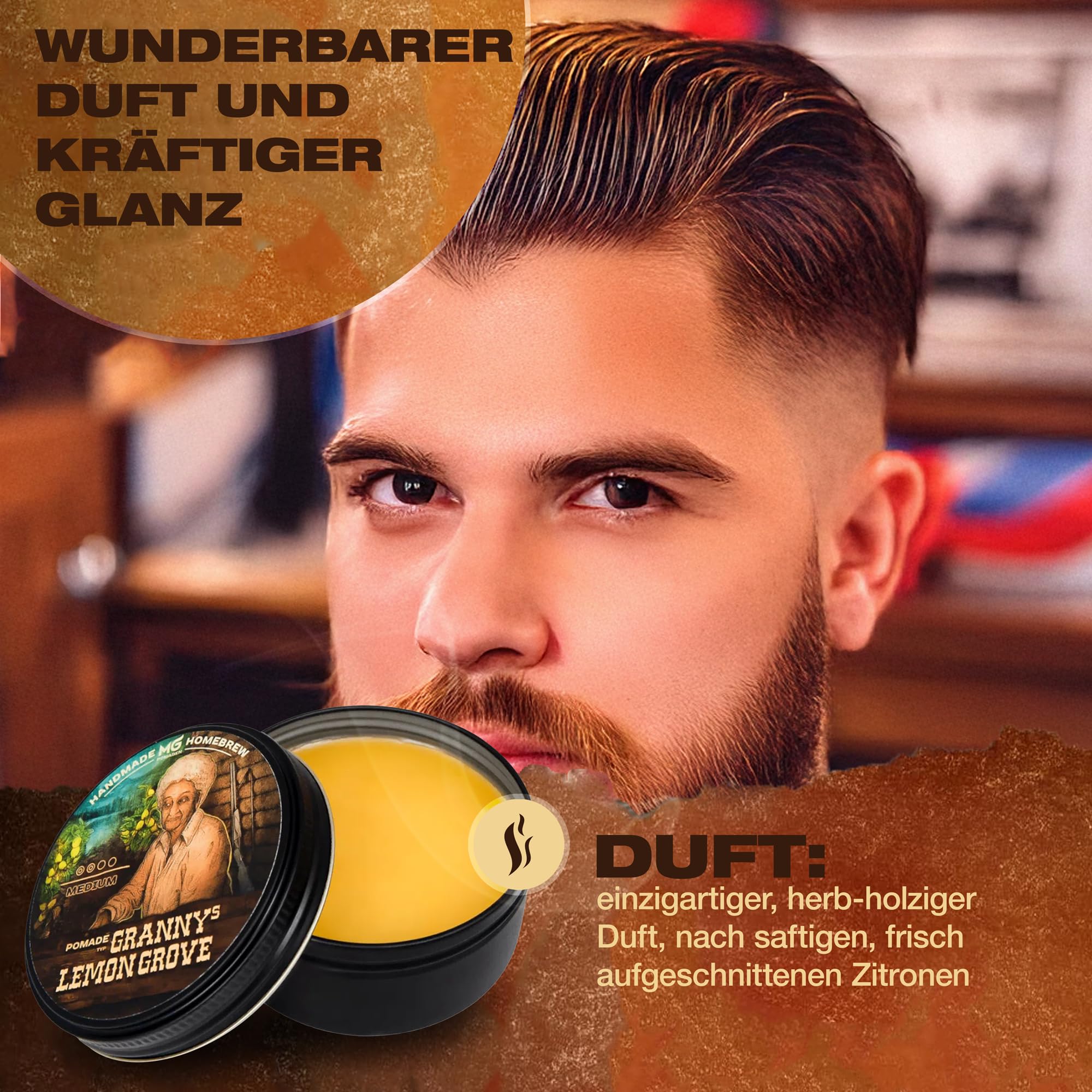 MG Pomade GRANNY’S LEMON GROVE – Pomade huileuse brillante – Tenue moyenne – Cire coiffante naturelle cheveux homme femme – Finition brillante, coiffage classique - parfum citron frais