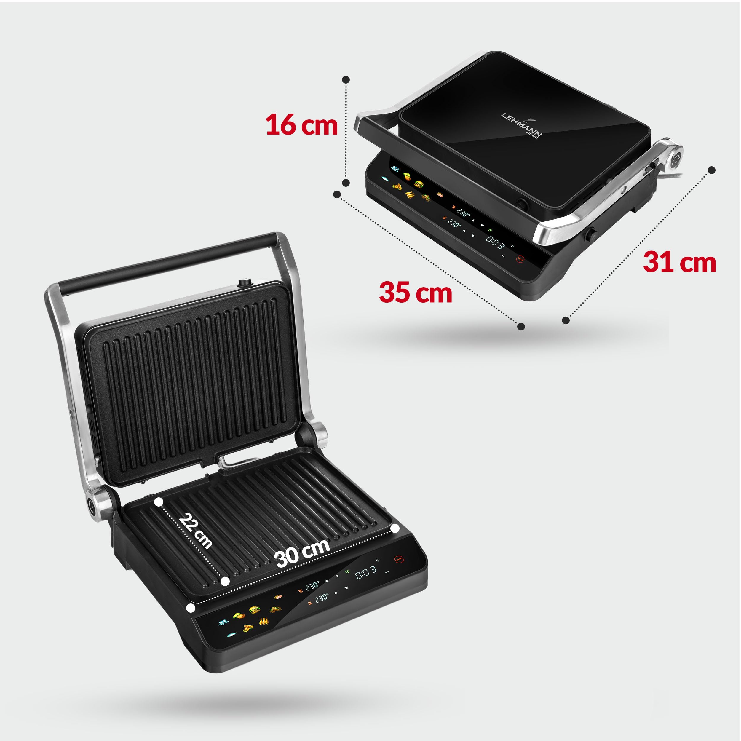 LEHMANN Kontaktgrill, 2000 W, Tischgrill 180° aufklappbar, Abnehmbare Antihaftplatten, Display: 10 Programme, Temperaturregelung 90-230°C, Timer 1-240 min, Elektrogrill für Toast, Steak, Panini