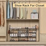 3 Row 4 Tier Long Shoe Rack, Black Metal Stackable Shoe Shelf with Multifunctional Hooks, Shoe Storage Hold 24-30 Pairs, Space Saving Shoe Organizer for Closet,Wide Shoe Rack