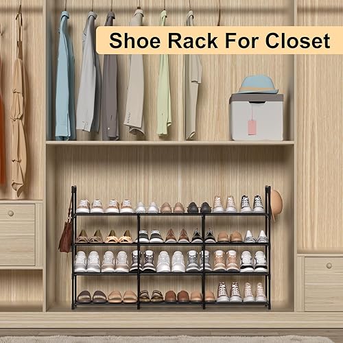 Miniatura 9 de Zapatero apilable de 3 filas y 4 niveles, estante de zapatos apilable de metal negro con ganchos multifuncionales, capacidad para 24-30 pares,