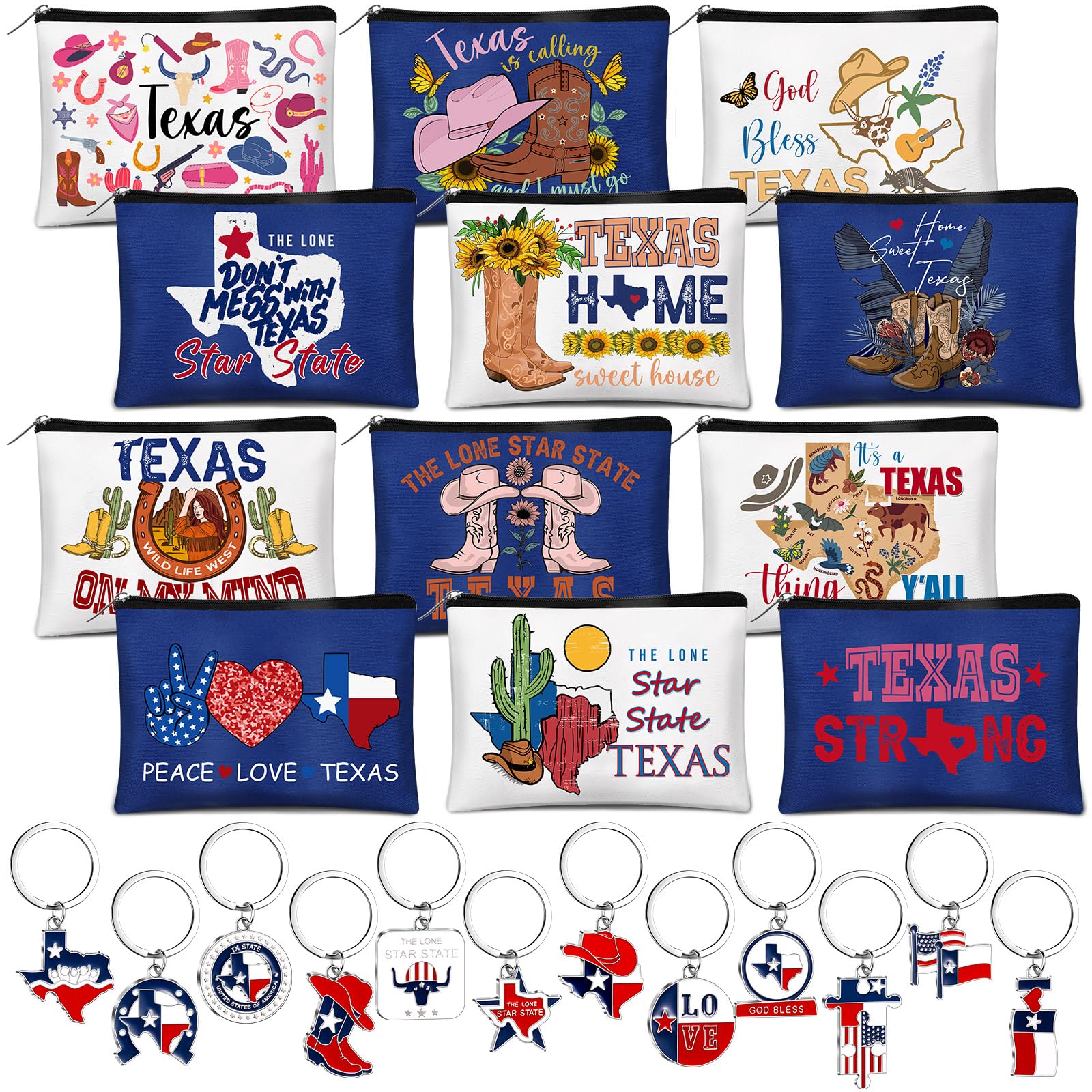Reginary 24 Pcs State Souvenir Gifts 12 Metal Keychain 12 Cosmetic Bag USA Souvenir Themed Gifts for Traveler Christmas Party(Texas)