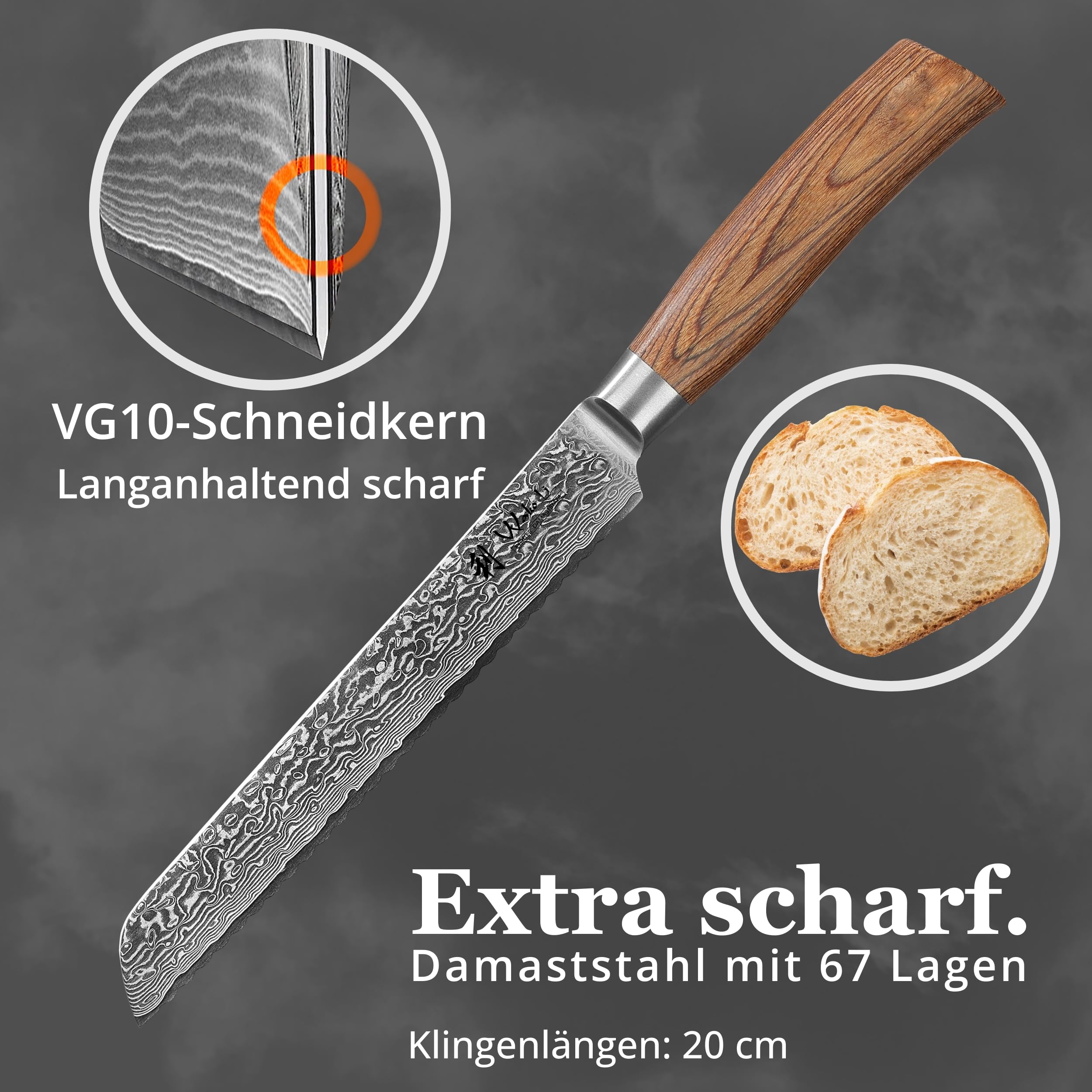 Wakoli EDIB Pro Brotmesser, 20 cm Klinge aus Damaststahl mit VG10 Kern | Wellenschliff für Brot, Brötchen, Baguette und Kuchen; 67 Lagen, 60 ± 2 HRC, 34 cm Gesamtlänge, Pakkaholzgriff, Geschenkbox