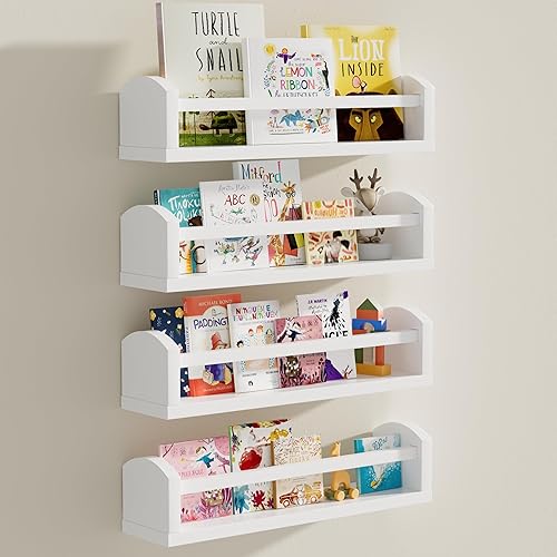 Estantes para libros de guardería, 4 estantes flotantes blancos para pared, estantes festoneados de madera maciza de 16.5 pulgadas, estantería