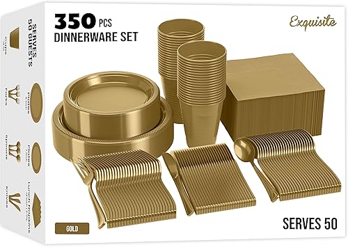 El juego de vajilla de plástico de 350 piezas incluye 50 de cada plato de plástico dorado de 9 pulgadas, platos de postre de plástico de 7 pulgadas, disponible en Yaxa Costa Rica