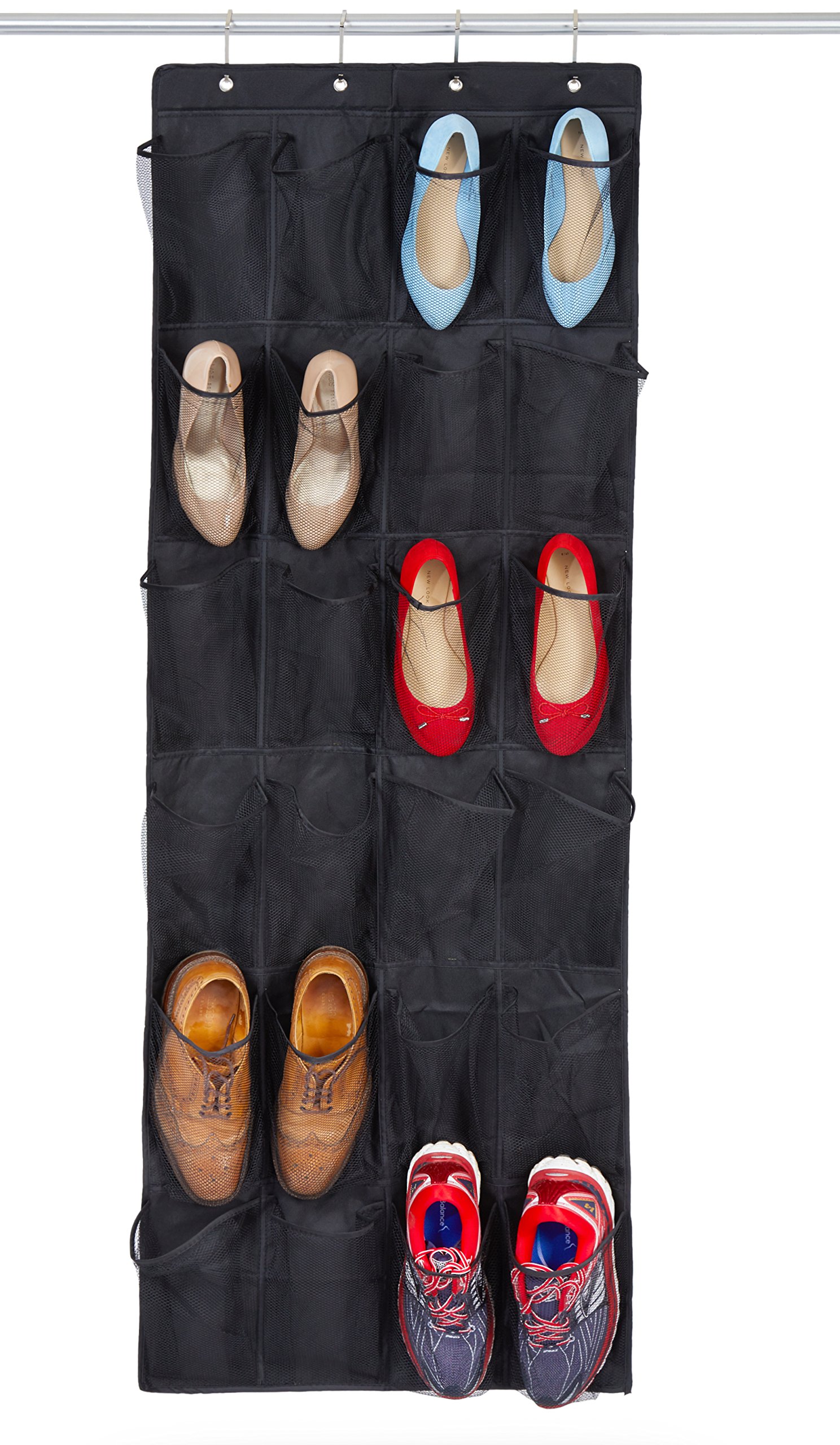 Bilpa Shoe Organizer, Over The Door Hanging Closet Rack | 24 Large Mesh Pockets Fit Up To Size 14 | Strong Metal Hooks | Sturdy Black Fabric Holder|