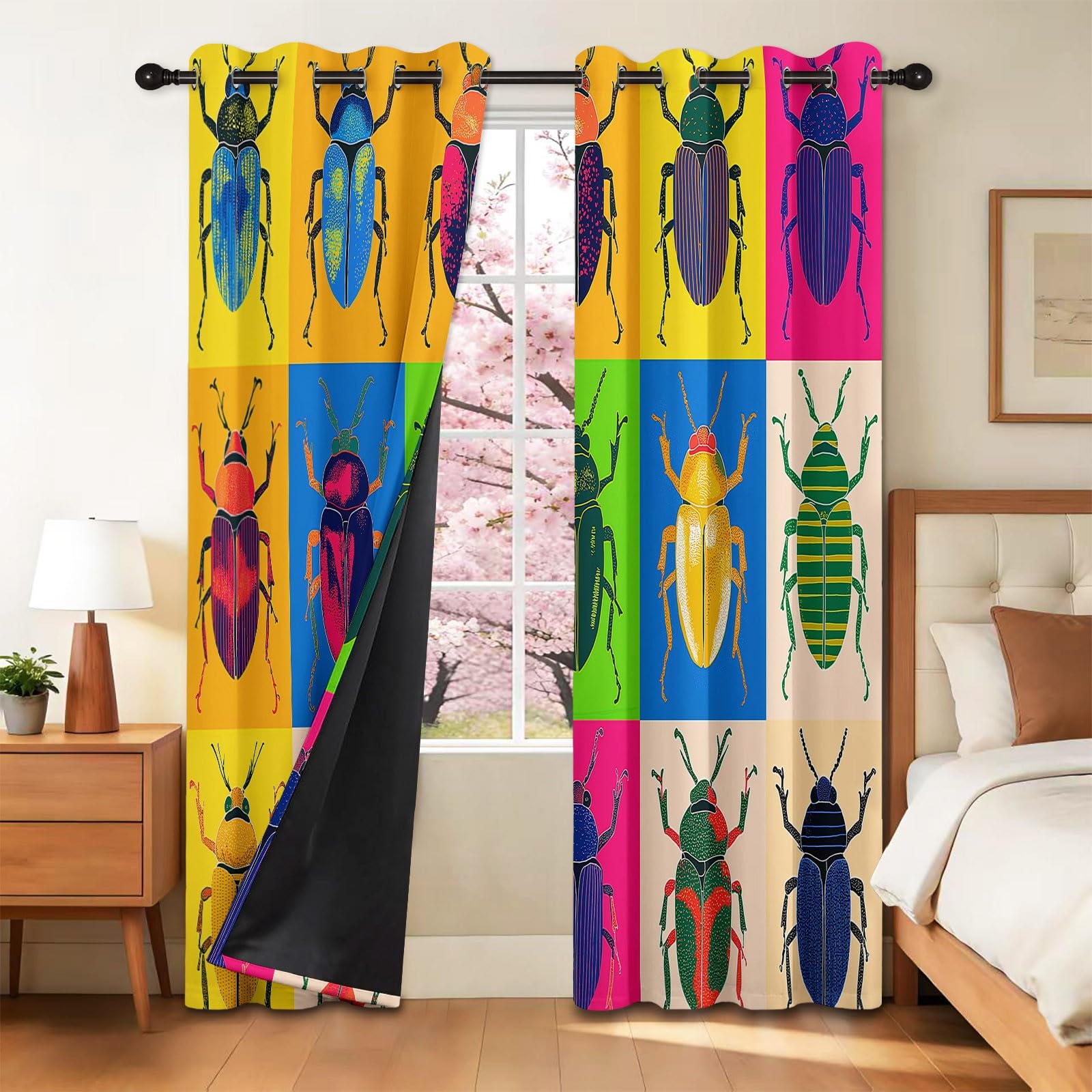 Rideaux Opaques Thermiques Grille Géométrique D'Insectes Coléoptères Rideaux De Fenêtre D'Effet 3D Polyester Occultants & Isolation, pour Chambre Salon avec Œillets 2 Panneaux 140 x 175 cm, Couleur