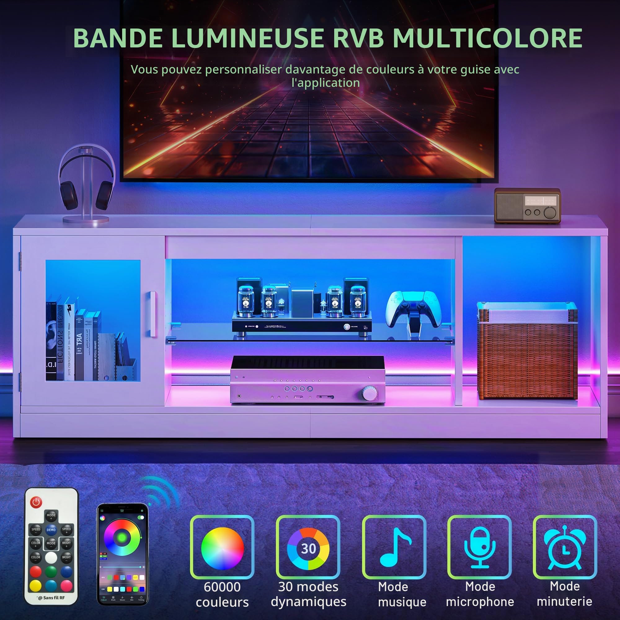 YITAHOME 148 cm Meuble TV pour TV jusqu'à 65 Pouces avec 7 LED RGB 22 Modes lumières TV Game Entertainment Center TV Low Board avec étagère en Verre réglable