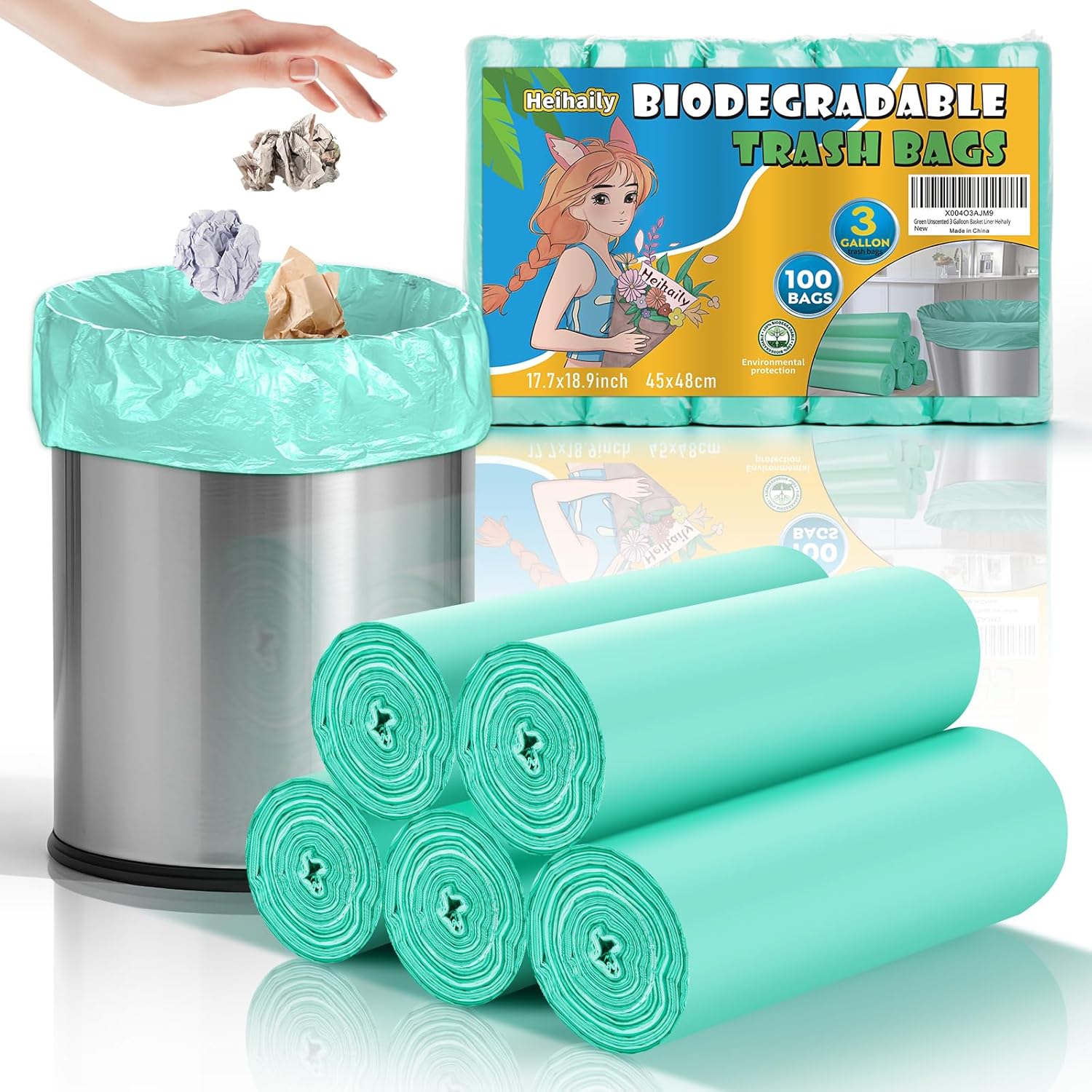 3 Gallon Trash Bag Bathroom Green-Unscented – Small Kitchen Mini Garbage Bags Biodegradable Compostable 100 Count Strong Can Bin Liners for Car Office Bulk Waste Basket Liner Heihaily