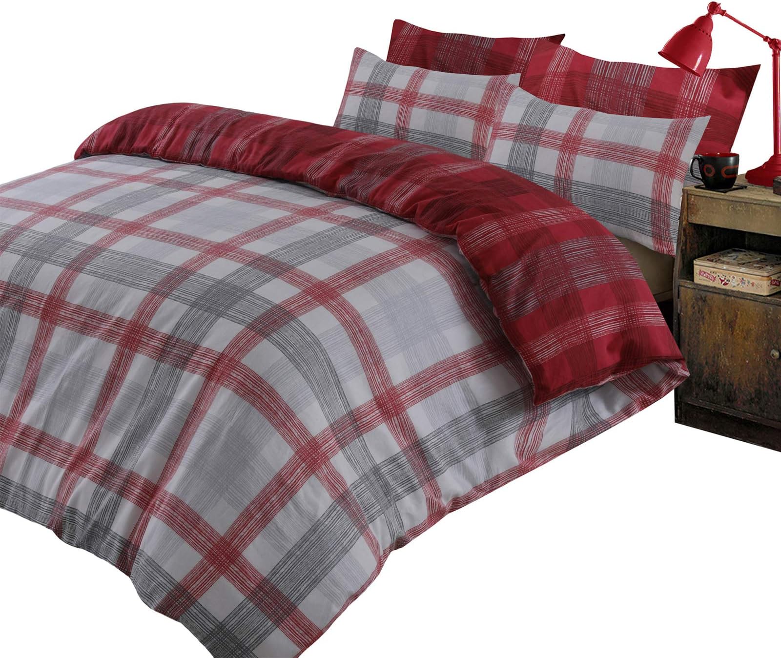 DreamsceneDreamscene Boston Check Duvet Cover with Pillow Case 100% Brushed Cotton Flannelette Reversible Tartan Bedding Set, Red Grey - Single