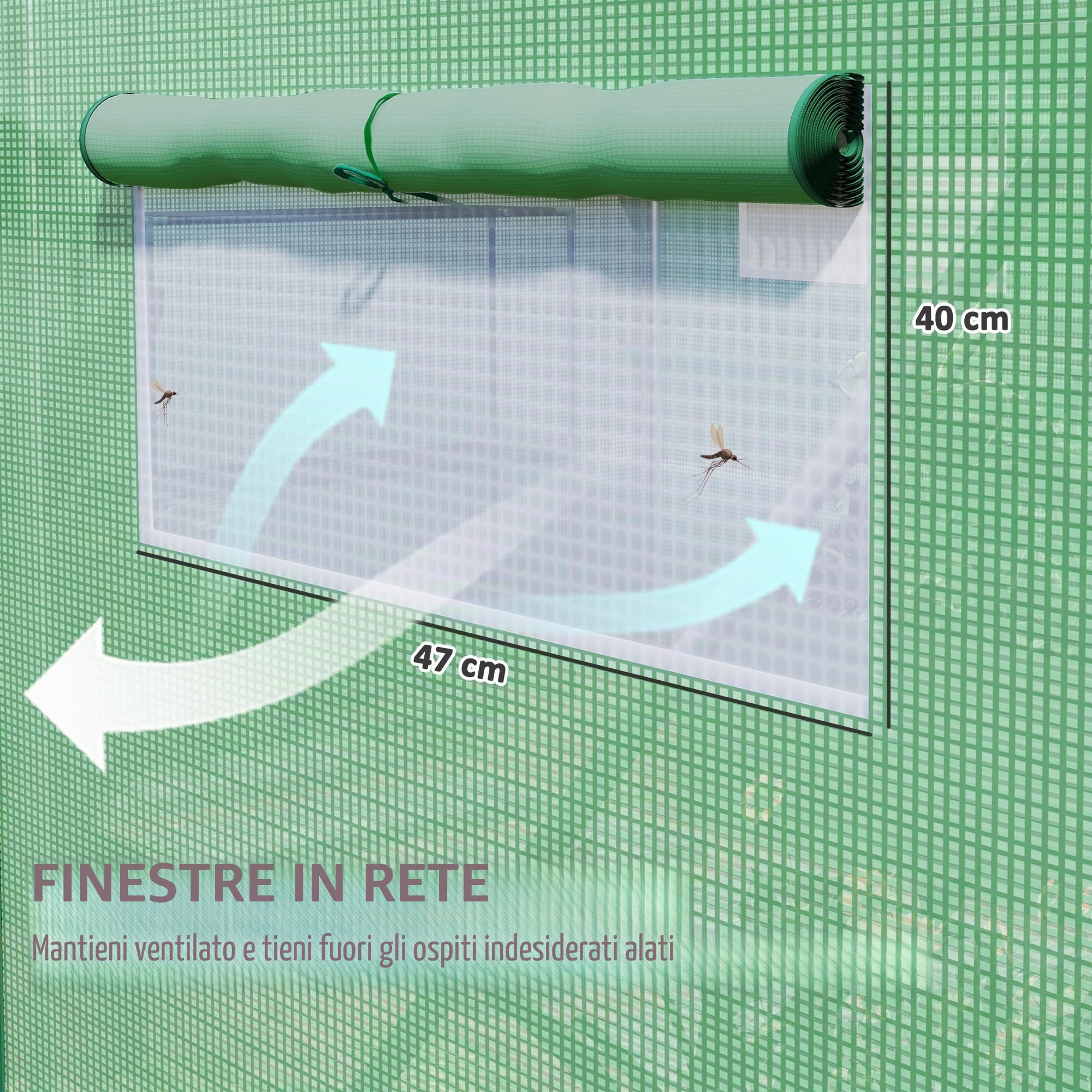 Outsunny 4 x 3 x 2m Serra a tunnel e serra tunnel Verde | Finestre a rete, tenda serra tunnel giardino, copertura PE resistente ai raggi UV, telaio in acciaio galvanizzato