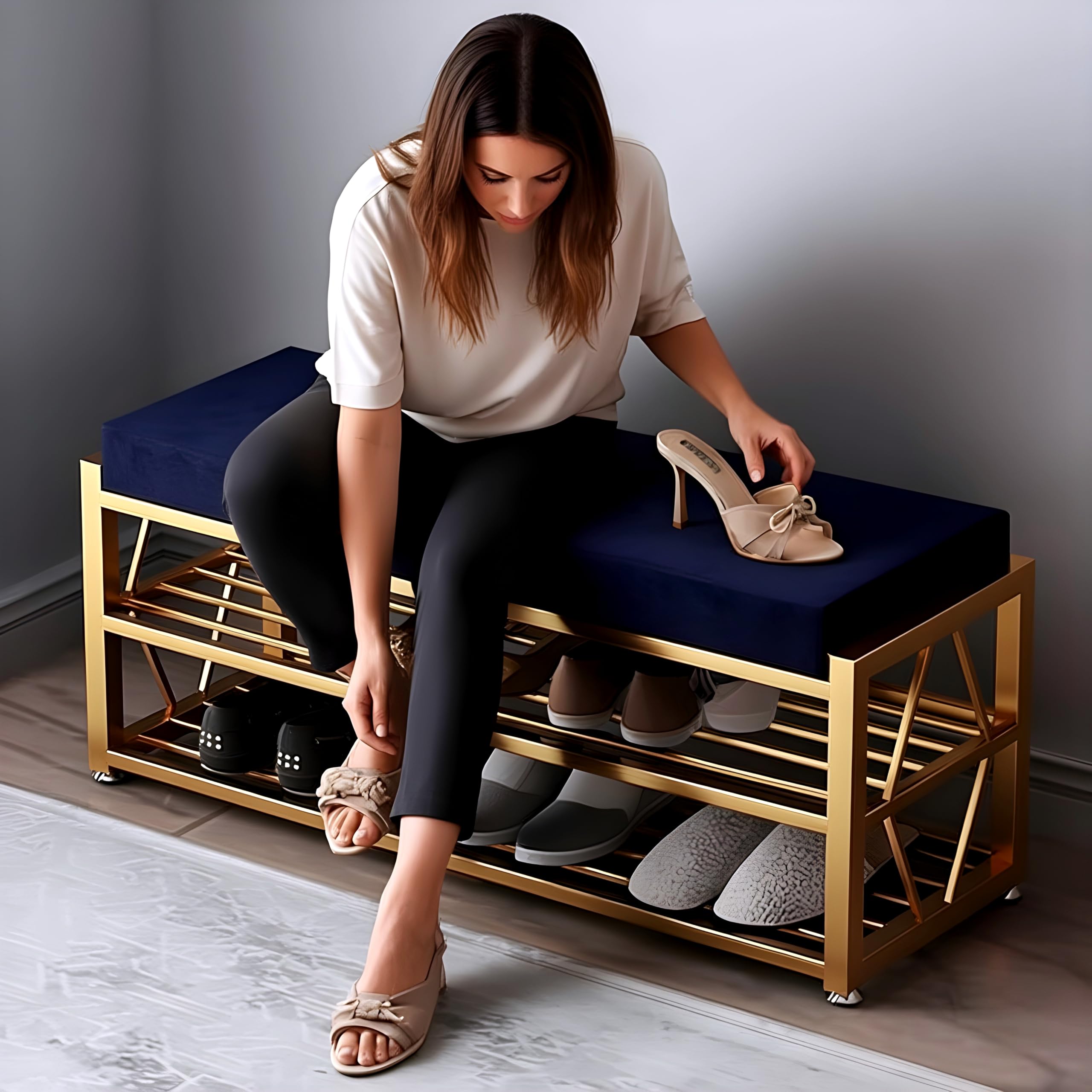 75x35x45 CM Metal Shoe Storage Rack with Velvet Seat Foldable Durable & Space-Saving 2 Tier Shoe Stand for 8–10 Pairs for Heels Slippers Boots Footwear, Sneakers Chappal Stand (Blue)-picture-19