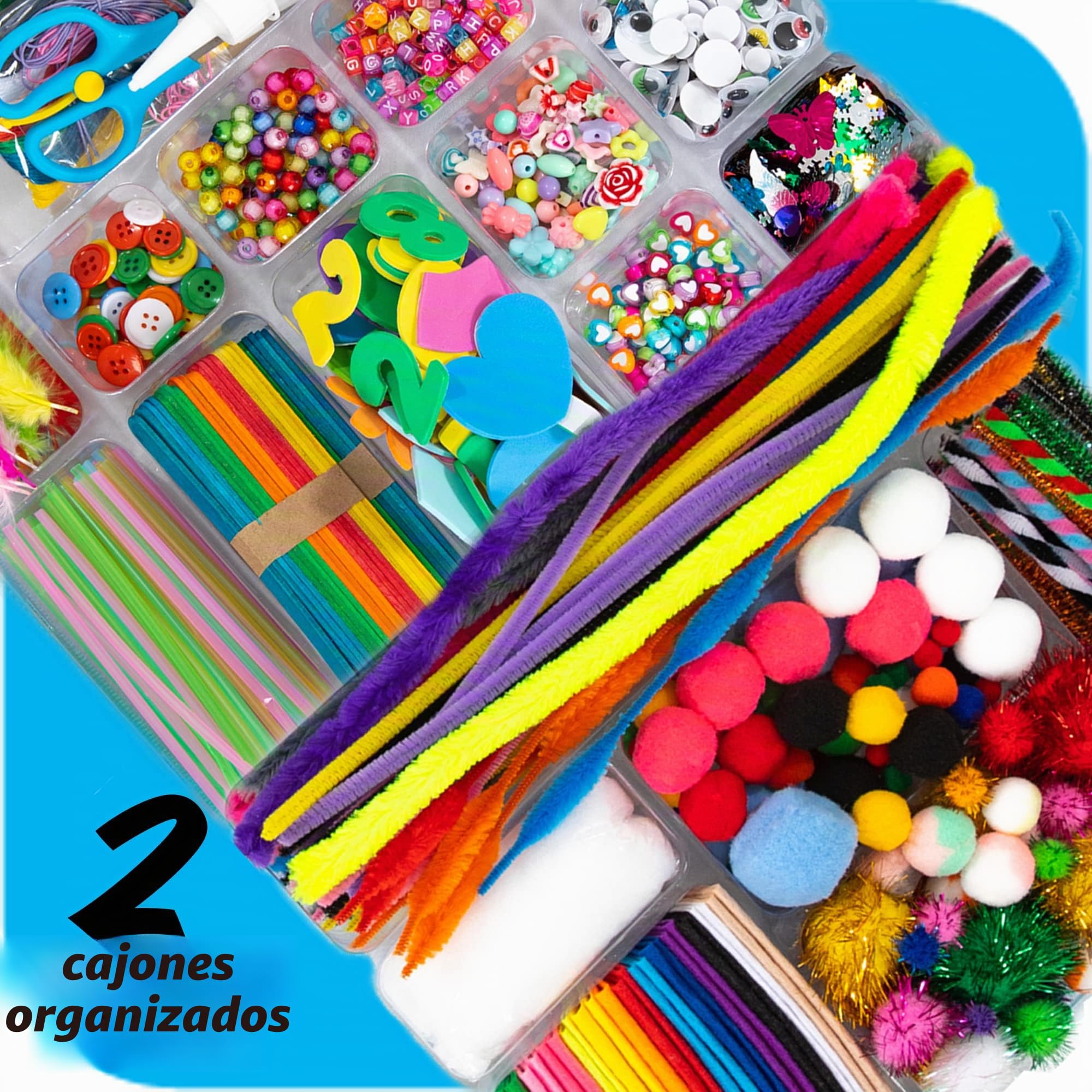 Art with smile Estuche de Arte Gigante de 1.600 Piezas. Suministros de Artesanía para Niños +6 - Estuche de Bricolaje para Artesanías de Pom Pom, Abalorios, Botones, Tijeras, y Limpia Pipas