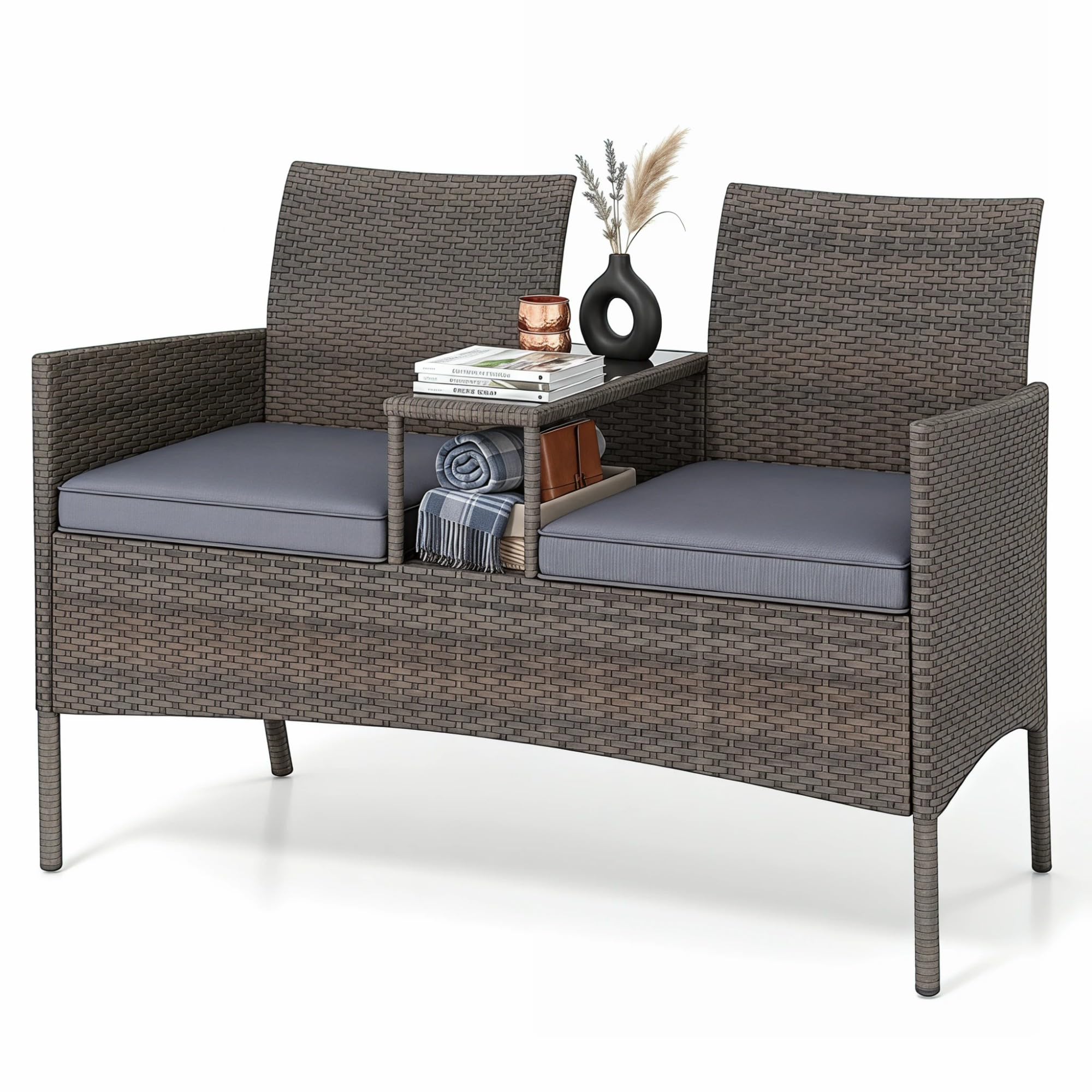 SOARS Panchina da Giardino 2 Posti, Divanetto da Esterno in Rattan con Tavolino in Vetro Temperato Integrato e Cuscini Rimovibili, Salotto da Giardino Esterno per Balcone e Piscina, 124 X 62 X 84 CM