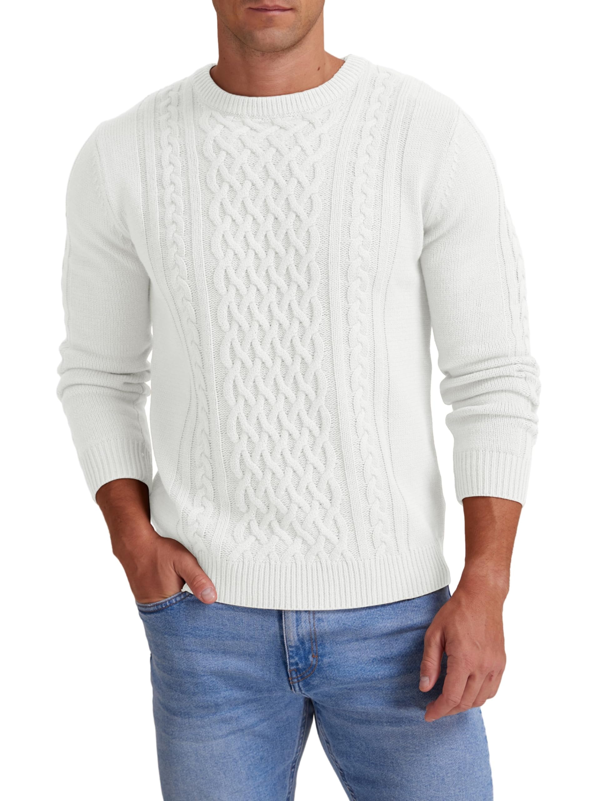 Hisir Pull Homme Hiver Cablé épais Col Rond Chaud Manches Longues Pullover Tricoté Col Rond Pulls Hommes