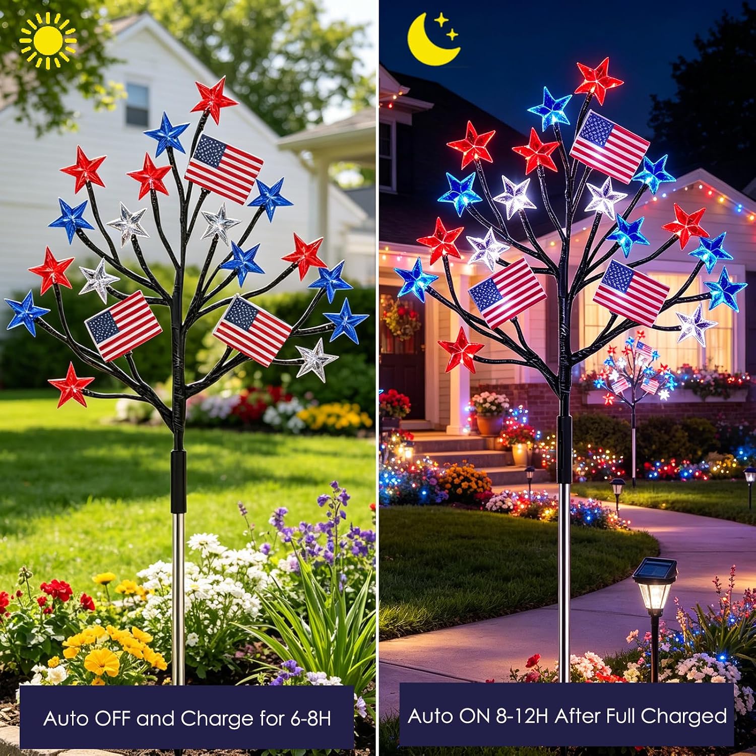 HUGSVIK 4 Packs 80LED 4th of July Decorations Outdoor, Upgraded Solar Red White and Blue Lights with Stars & American Flags, Memorial Day Decorations Outdoor Patriotic Lights for Yard Pathway Garden