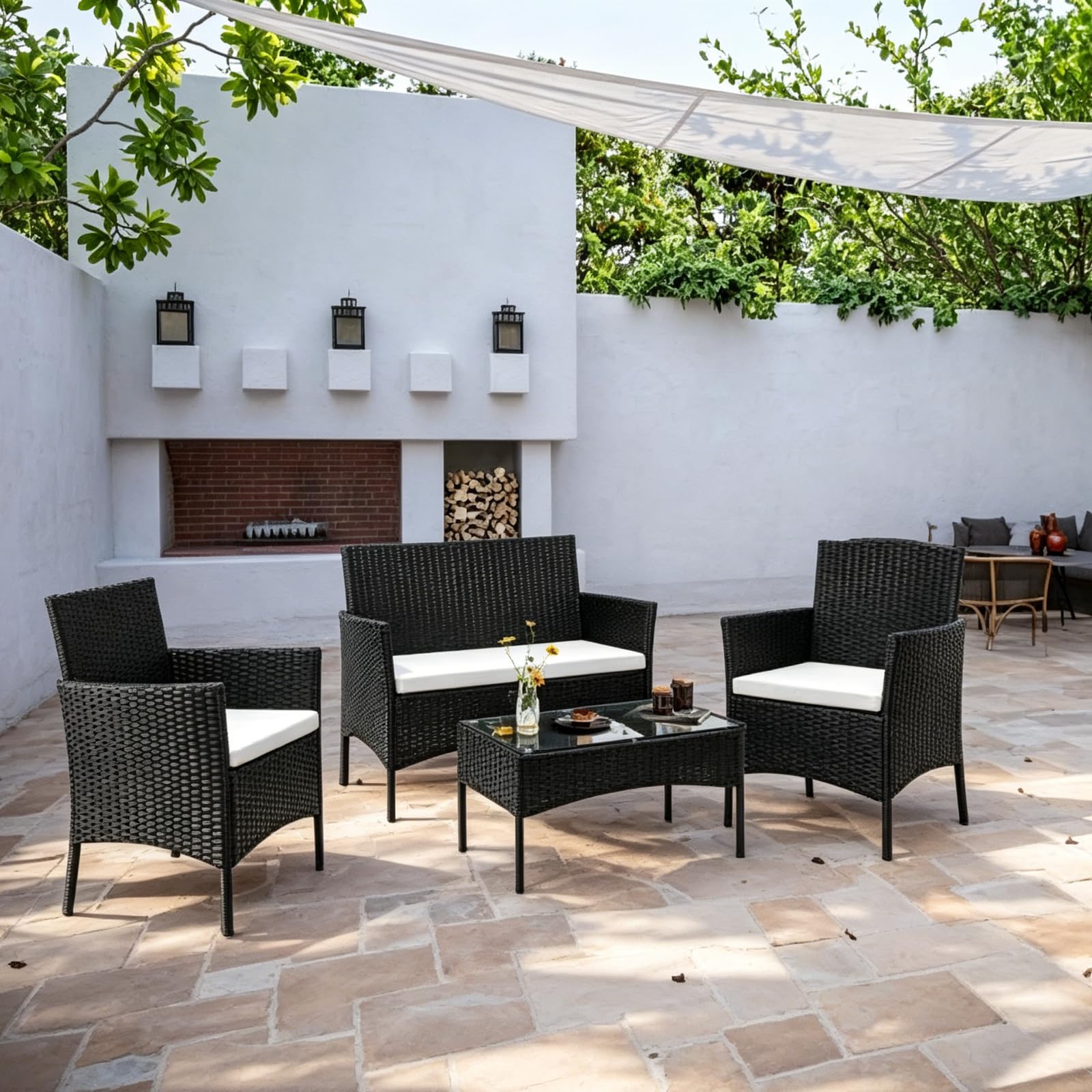 Salon de Jardin Exterieur en Résine ressée - 2 canapés Simples, 1 canapé Double et 1 Table Basse, Coussins Inclus, Salon de Jardin pour Amenagement Balcon Terrasse Veranda (Noir)