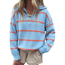 Fisoew Womens Quarter Zip Striped Sweater Oversized Turtleneck Pullover Top