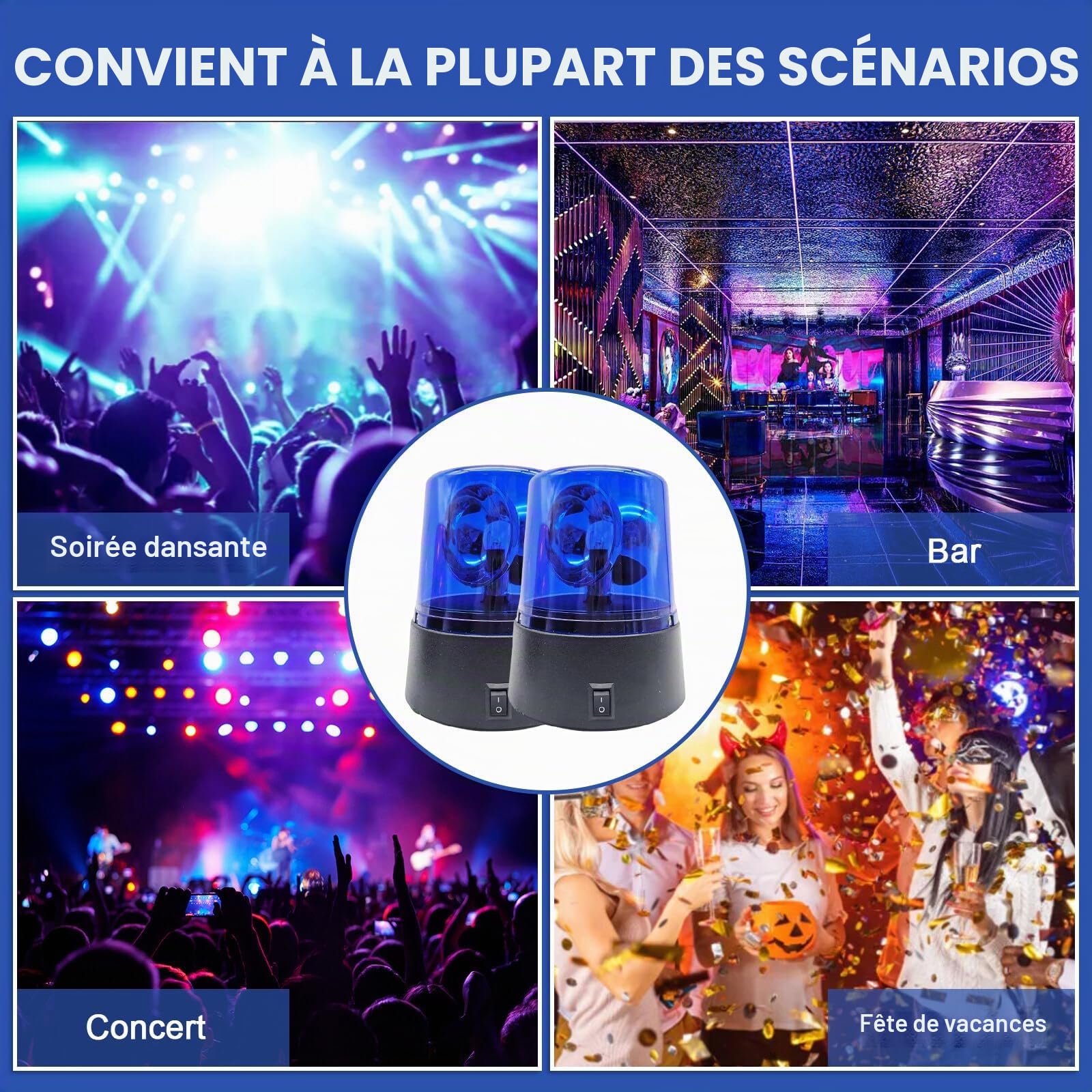 Lumière bleue LED: 2 lampes de fête au design lumière bleue, gyrophare avec réflecteur rotatif, flash DJ à 360°, fonctionnement sur piles, éclairage de fête DJ, décoration pour club