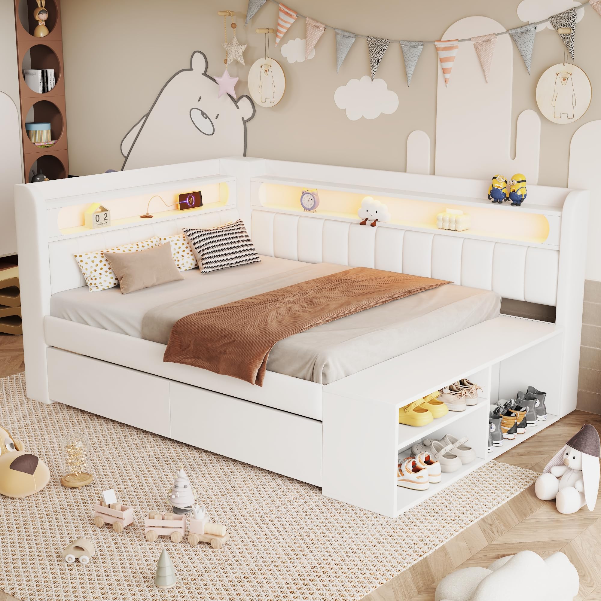 Łóżko dzienne, sofa z funkcją spania, 90 x 200 cm, wielofunkcyjna konstrukcja, szafka na buty i 2 przestronne szuflady do przechowywania, drewniana rama ze stelażem, praktyczna i nie zajmuje