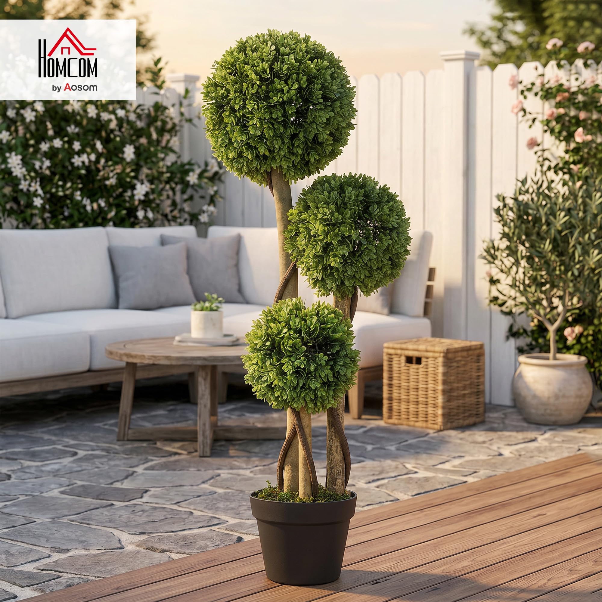 HOMCOM Arbres topiaires artificiels Anti-UV en Pot 90cm Vert Clair | Boule de buis, plantes artificielles, décoration intérieure et extérieure