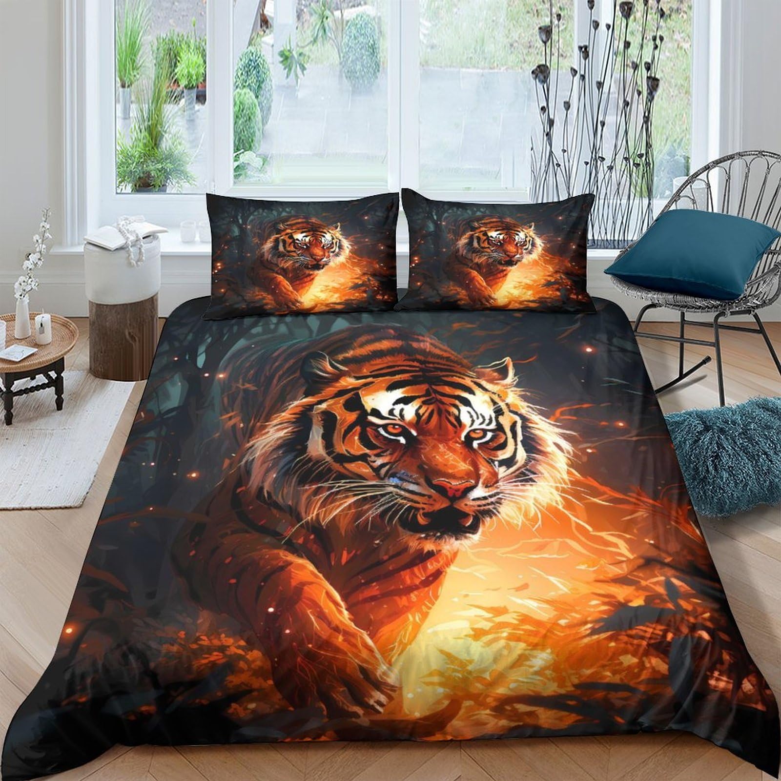 Ctjqhvkz Style-7 3D Printed Fiery Tiger Fitted Sheet Microfiber Soft Non Slip Mattress Cover For Bedroom Dorm Decoration Easy Care Single（135X200cm）