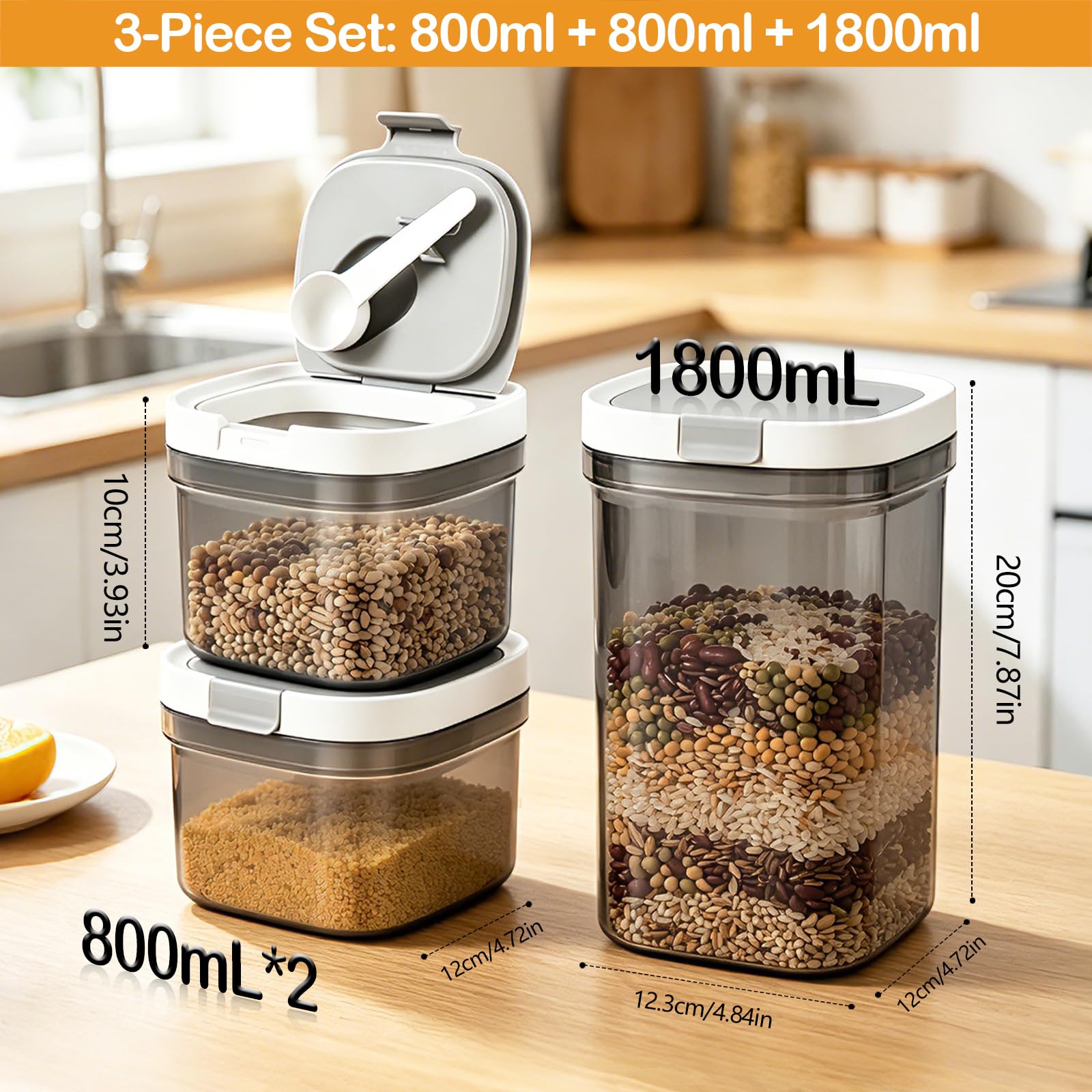 Scatole ermetiche per alimenti con coperchio, set da 3 (800 ml + 800 ml + 1800 ml) con cucchiaio magnetico, contenitore per cereali, legumi e polvere per neonati