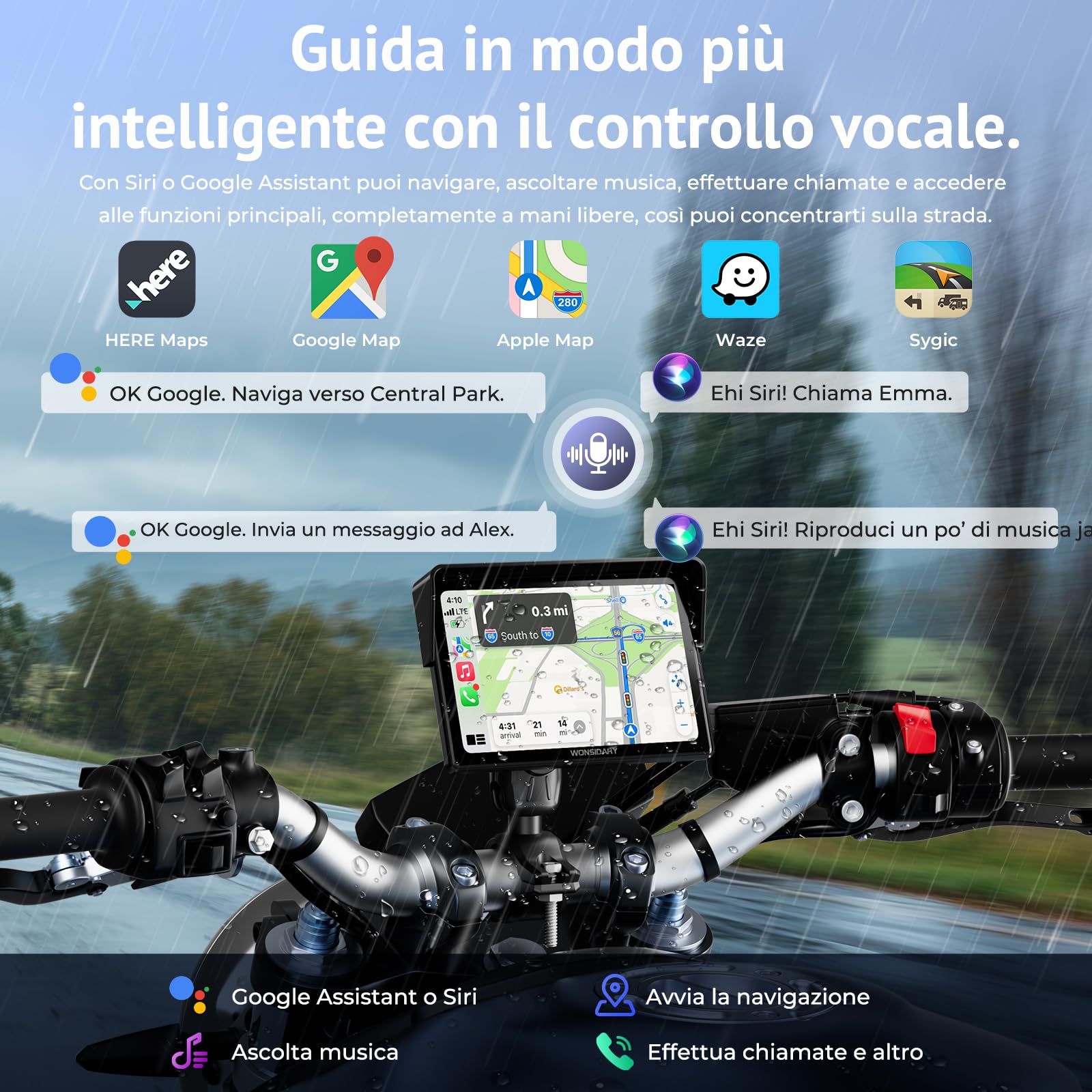 CarPlay Moto Senza Fili Compatibile con Apple CarPlay & Android Auto,Display Touch 5" IP67 Impermeabile con Doppio Bluetooth, Navigazione GPS,Controllo Vocale,Equalizzatore,Alimentazione USB/ACC