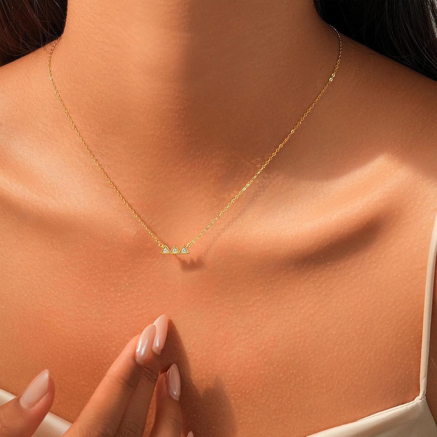 925 Sterling Silver Hiking Mountain Peak Pendant Necklace for Women 14K Gold Plated Dainty Triangle Cubic Zirconia Minimalist Charm Chain Birthday Mother's Day Easter Climbing Jewelry Gift for Him Her