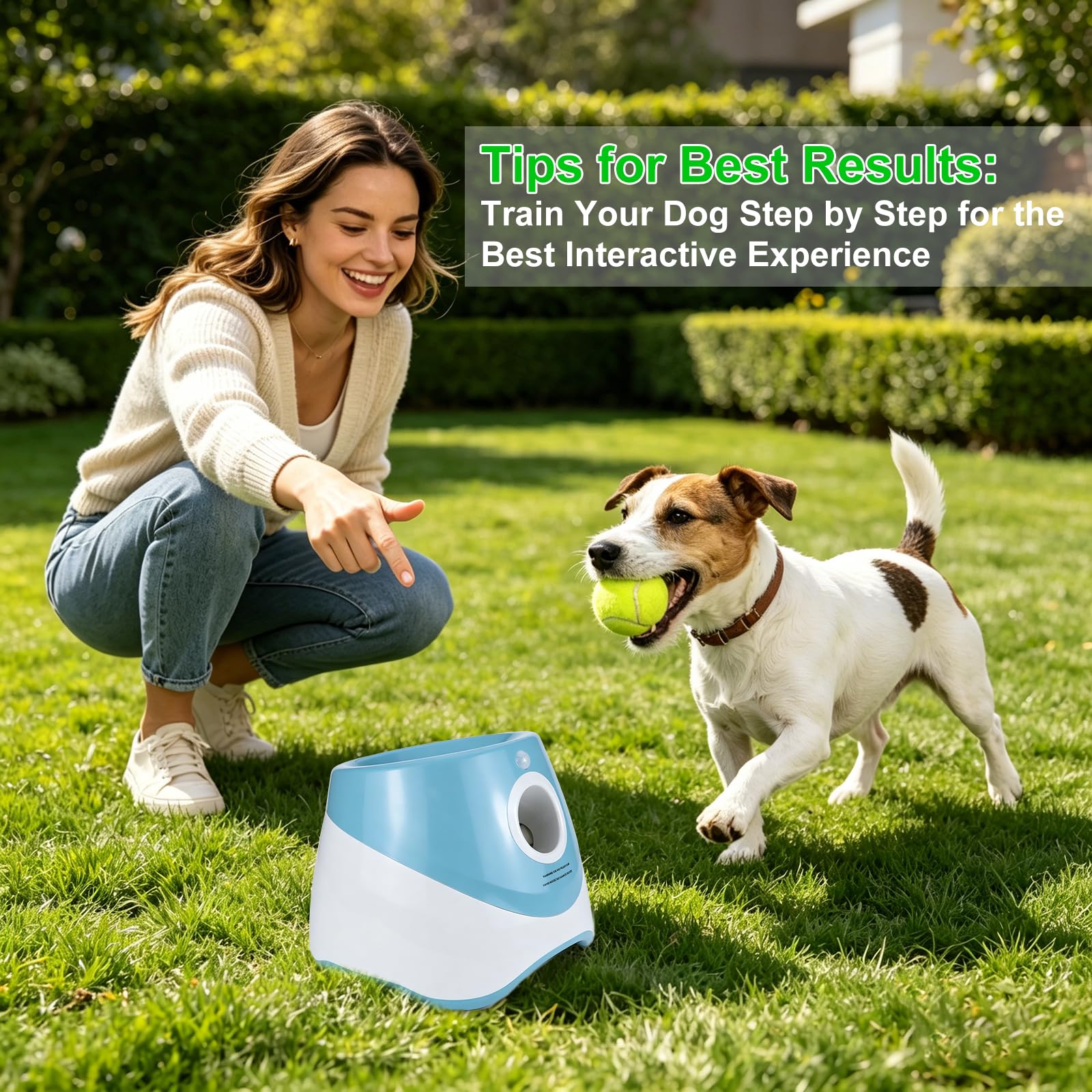 Lanzador Automático de Pelotas para Perro con 15 Mini Pelotas de Tenis | Juguete Interactivo para Perros Pequeños Interior y Exterior, 3 Distancias Ajustables (3-9 m), Recargable (Azul)